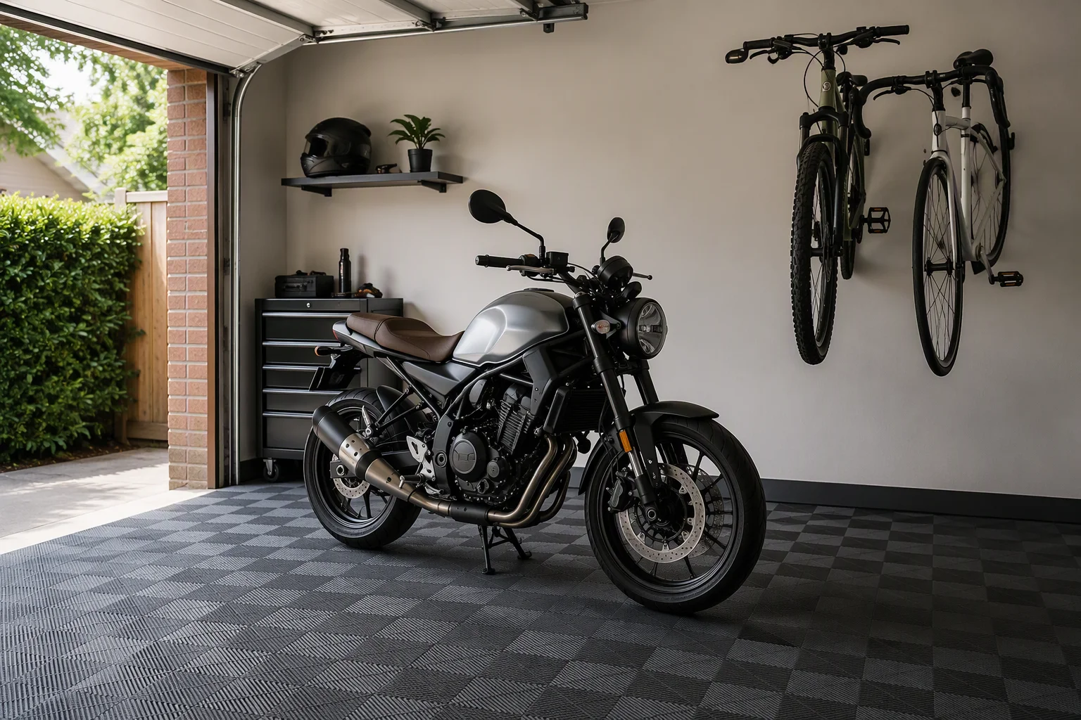 Motorbike on a centre stand and bicycles on wall hooks above interlocking garage floor tiles