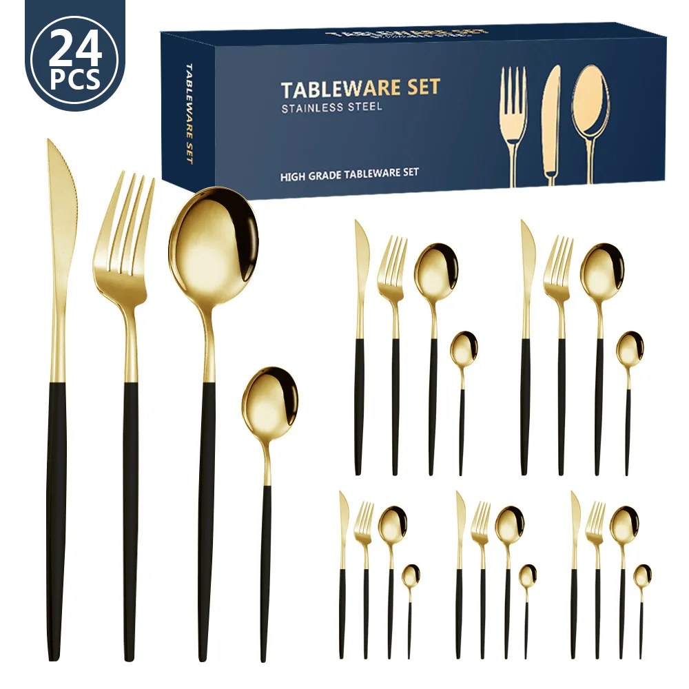 

Hot Sale 24-PCS Stainless Steel Cutlery Set Gold Knife Fork Spoon Silverware Set Wedding Cutlery Gold Flatware Stainless Steel
