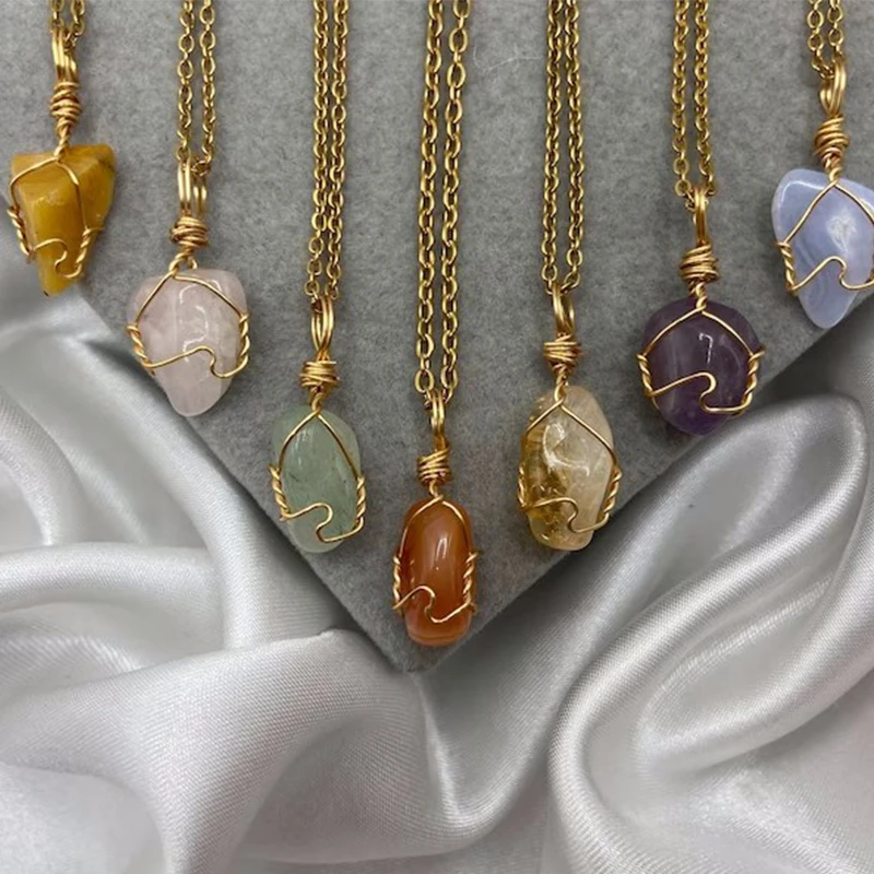 

Healing Crystal Necklaces Gold Boho Amethyst Rose Quartz Agate Chakra Natural Gemstone Wire Wrap Pendant Necklace Jewelry