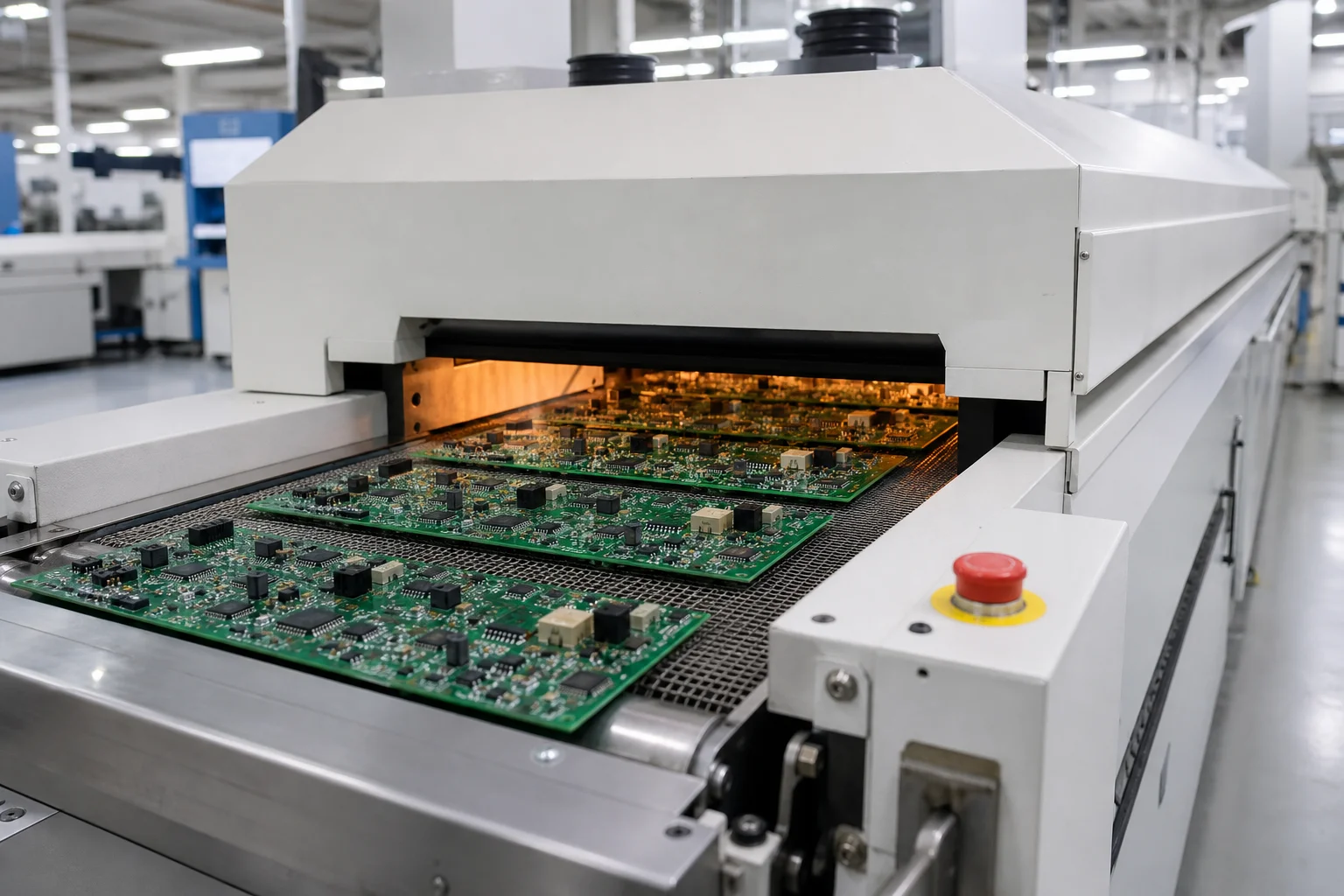 PCBs emerging from a reflow soldering oven