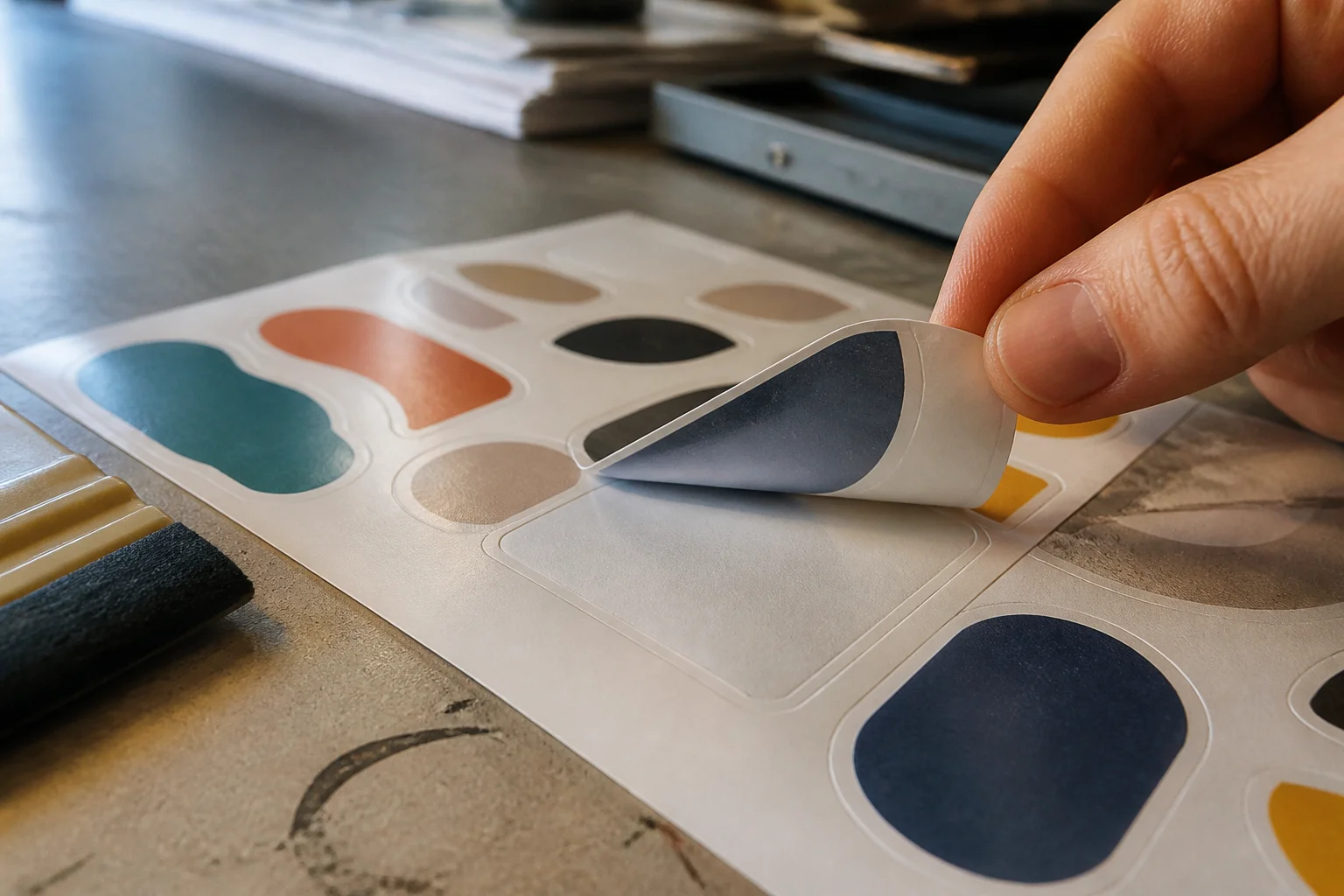 Macro view of a kiss cut sticker being peeled while the backing paper stays intact