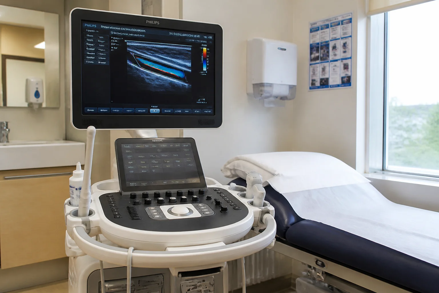 Clinical diagnostic imaging and modern ultrasound examination room setup