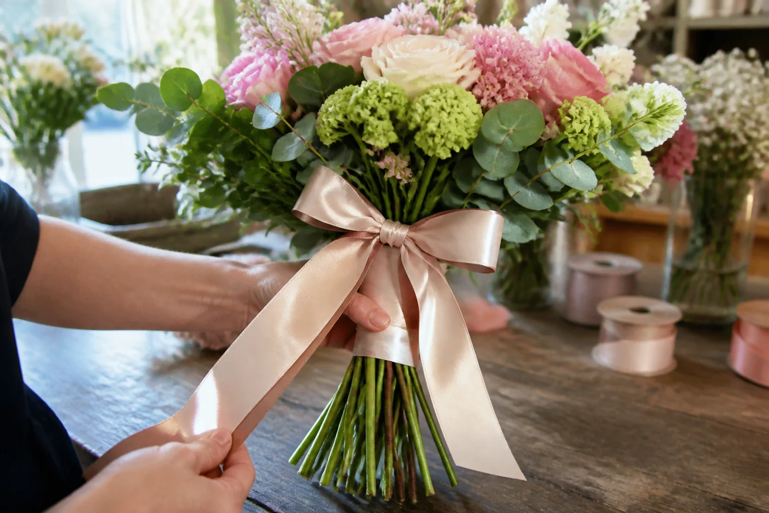 Documentary B2B product application photo hand-tied florist bouquet stem wrap showing both sides ribbon ribbon wrapped around stems knotted revealing both faces ribbon bow wrap one side shows smooth satin sheen reverse shows same surface demonstrating why double-face ribbon required this application natural daylight realistic florist working context ribbon flowers focus