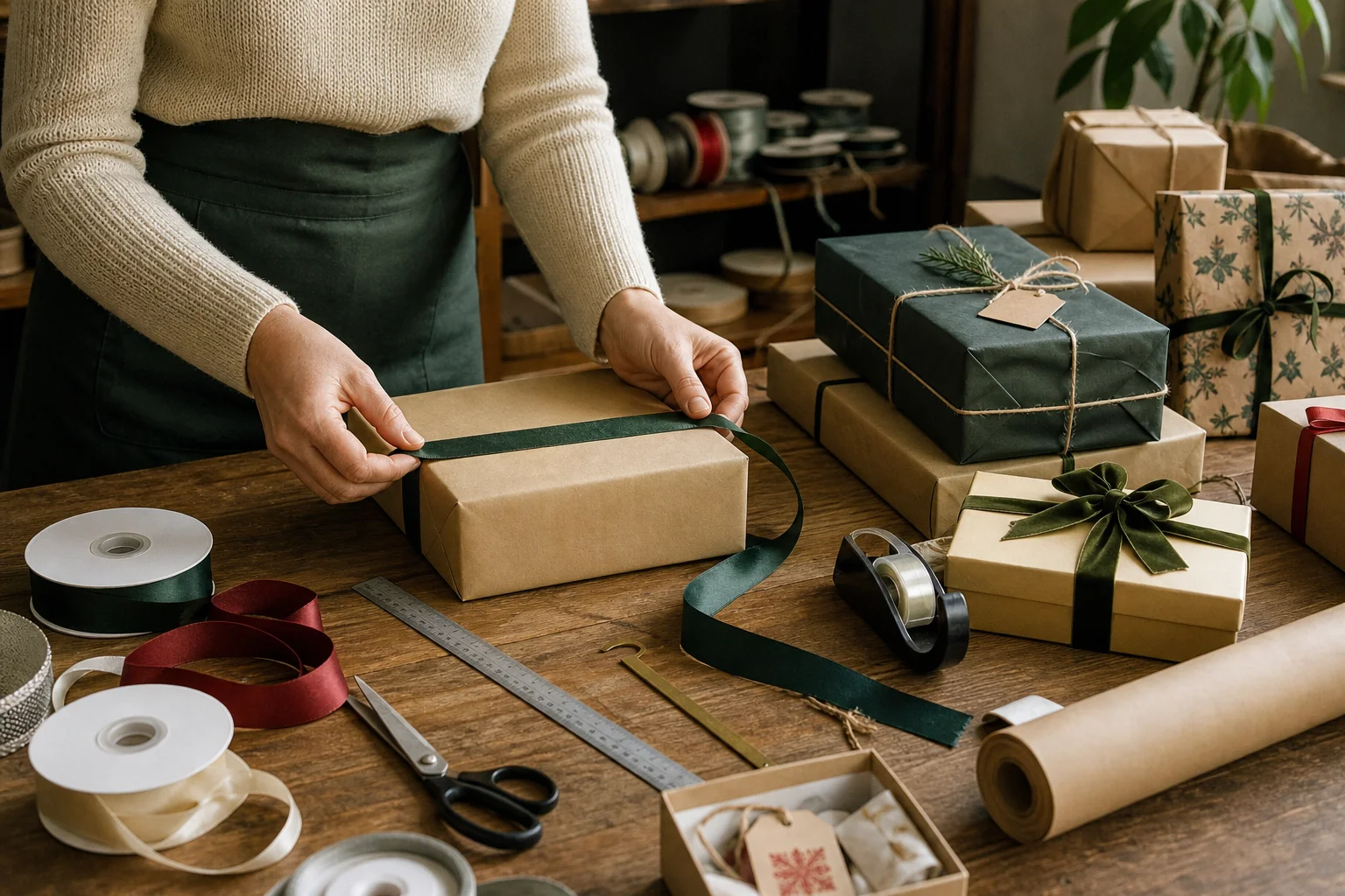Gift wrapping workspace showing ribbon measurement against box sizes