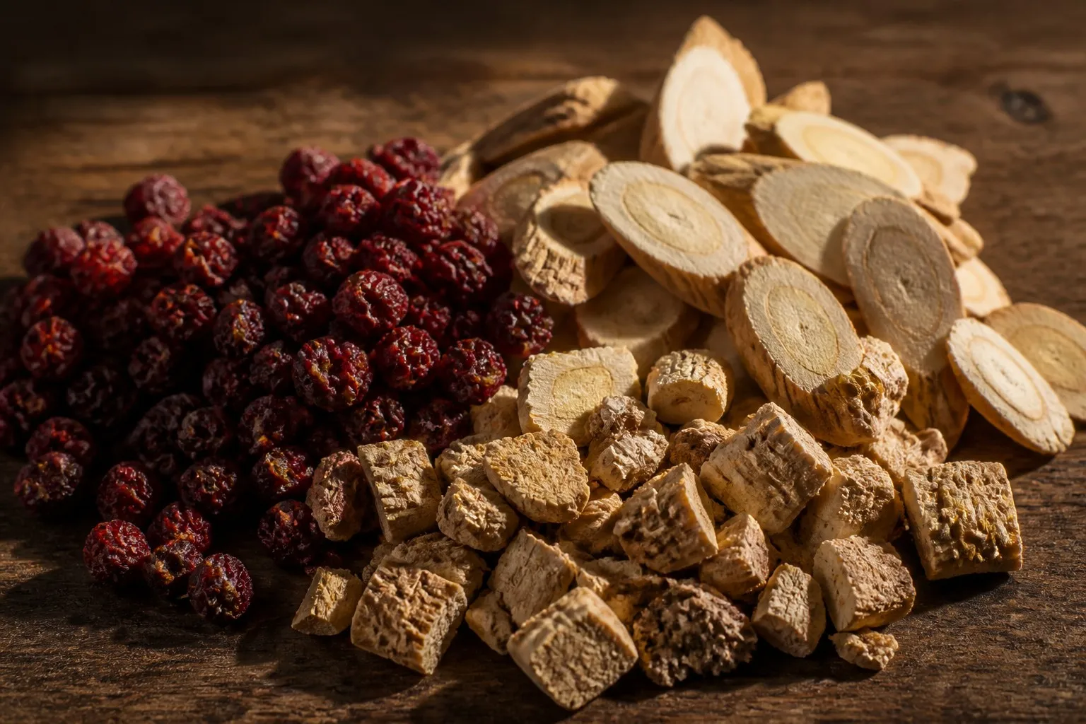 Pure Schisandra Berries and Slices of Astragalus Root on Slate Board