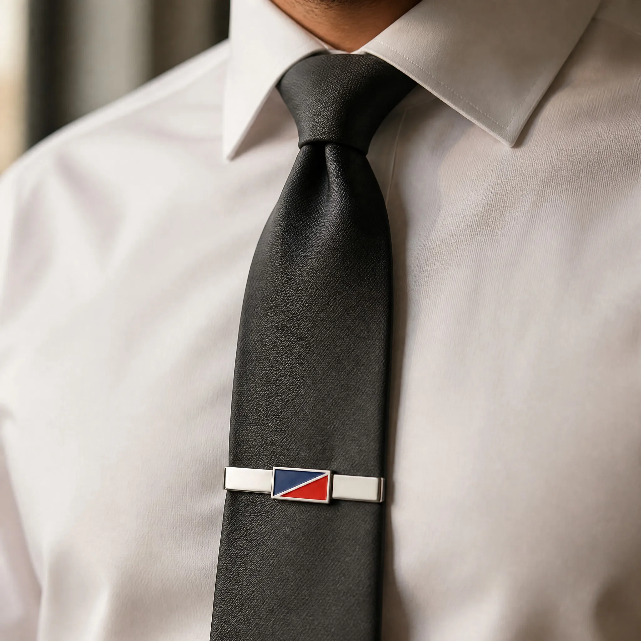 Soft enamel tie clip worn on charcoal grey silk tie