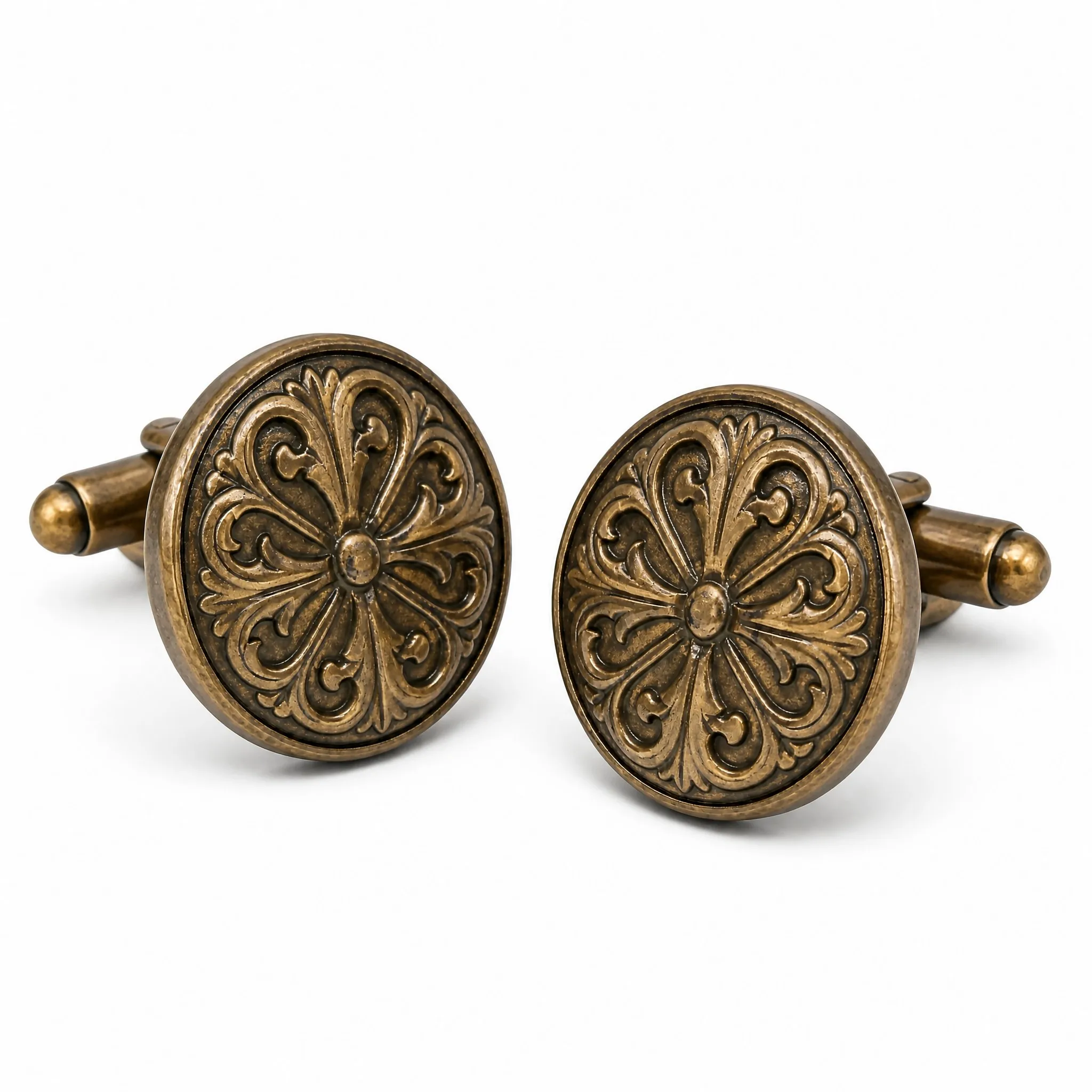 Antique patina cufflinks ornamental relief 45 degree view