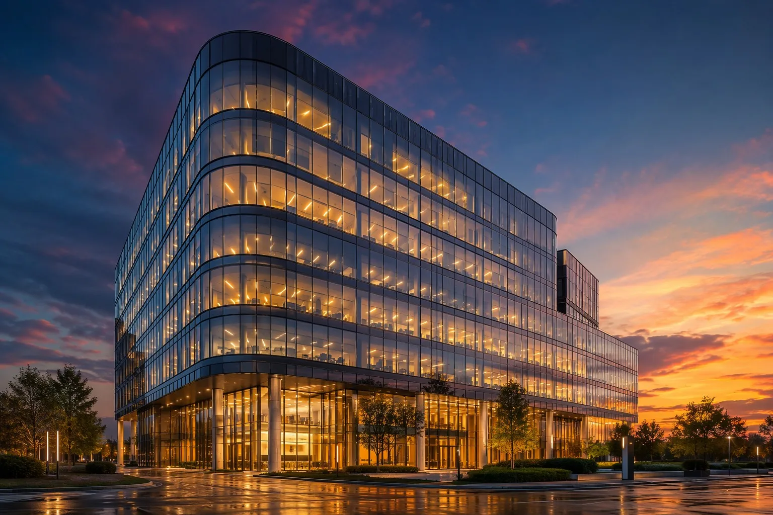 Modern commercial office tower with aluminum curtain wall facade twilight