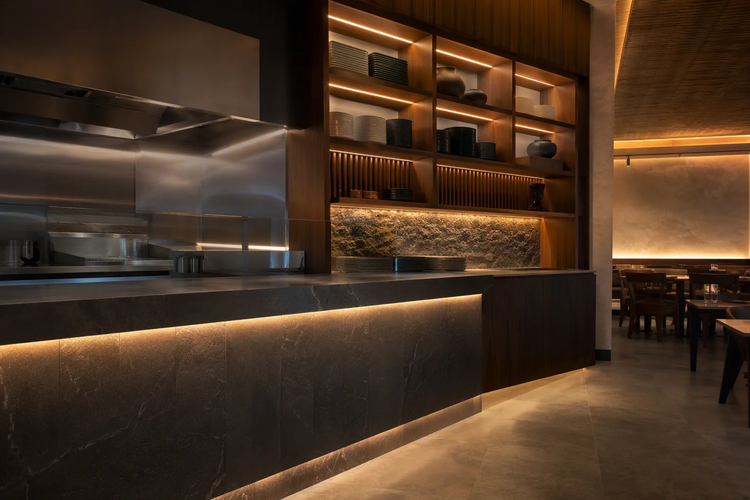 COB LED strips under a restaurant service counter, inside open shelving, and in a ceiling recess