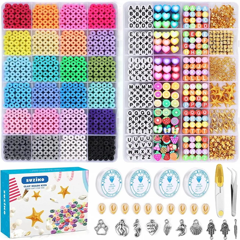 

Non-toxic Soft Pottery Set Flat Round Polymer Clay Starter Spacer Beads Kit Charm Elastic String Box Bulk for Jewelry Making