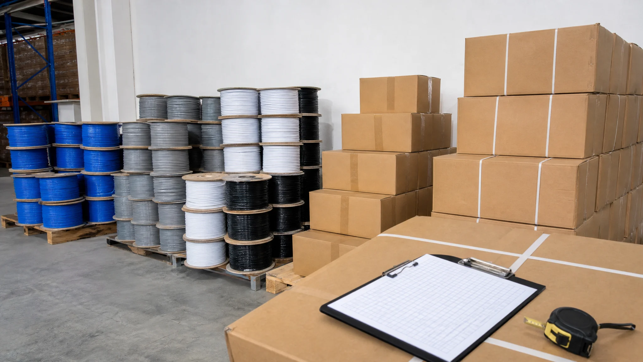 Stacked ethernet cable reels and cartons arranged by size in a warehouse