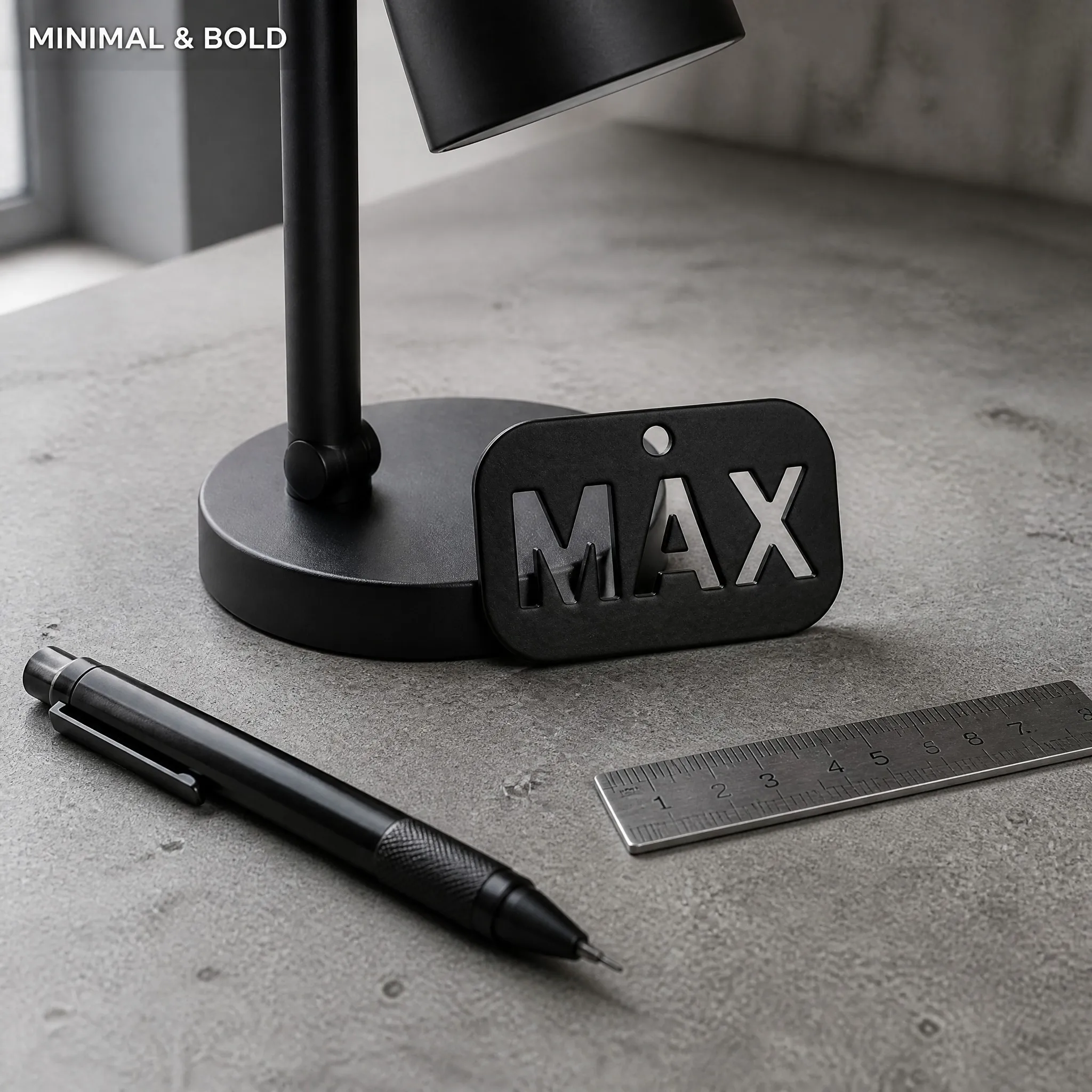 Laser cut dog tag on a minimal industrial desk