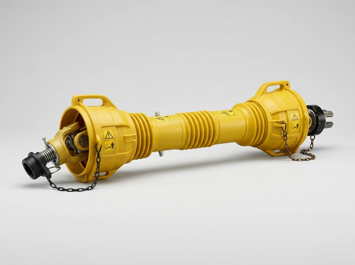 Agricultural PTO drive shaft with universal joints and yellow safety guard