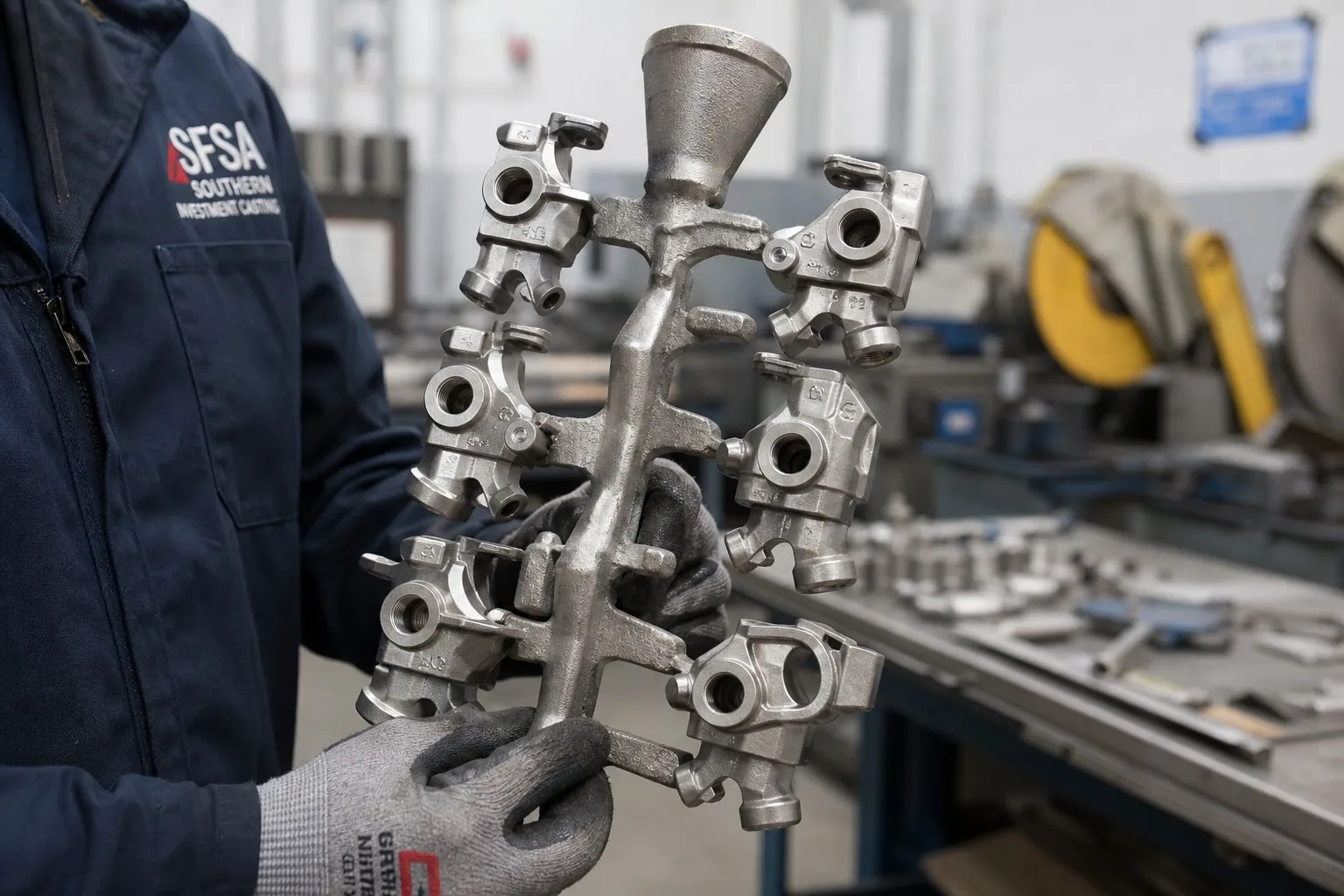 Finished investment cast parts still attached to runners after shell knockout