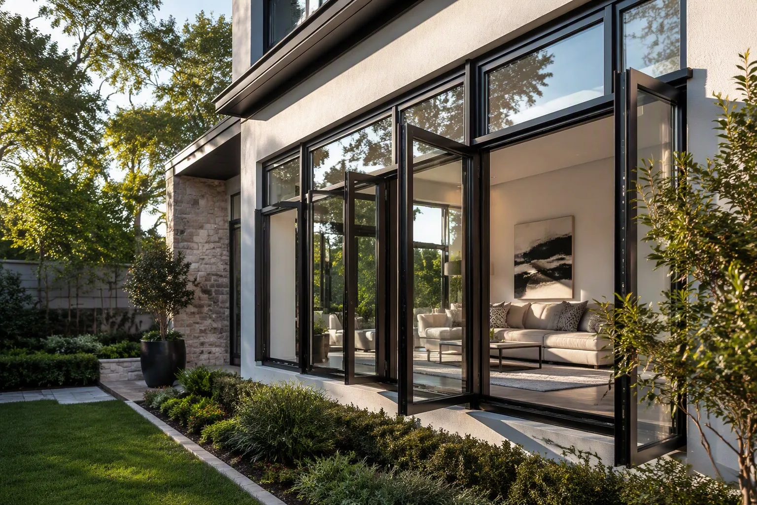 Luxury modern villa with premium black aluminum casement windows open garden morning light