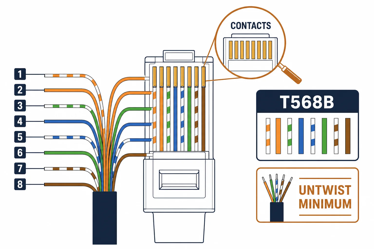 RJ45 plug field wiring with numbered contacts and pair fan-out under T568B