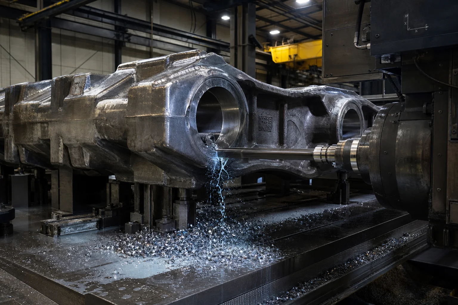 Heavy CNC horizontal boring mill precision in-line boring hinge pin bores of track shoe pad