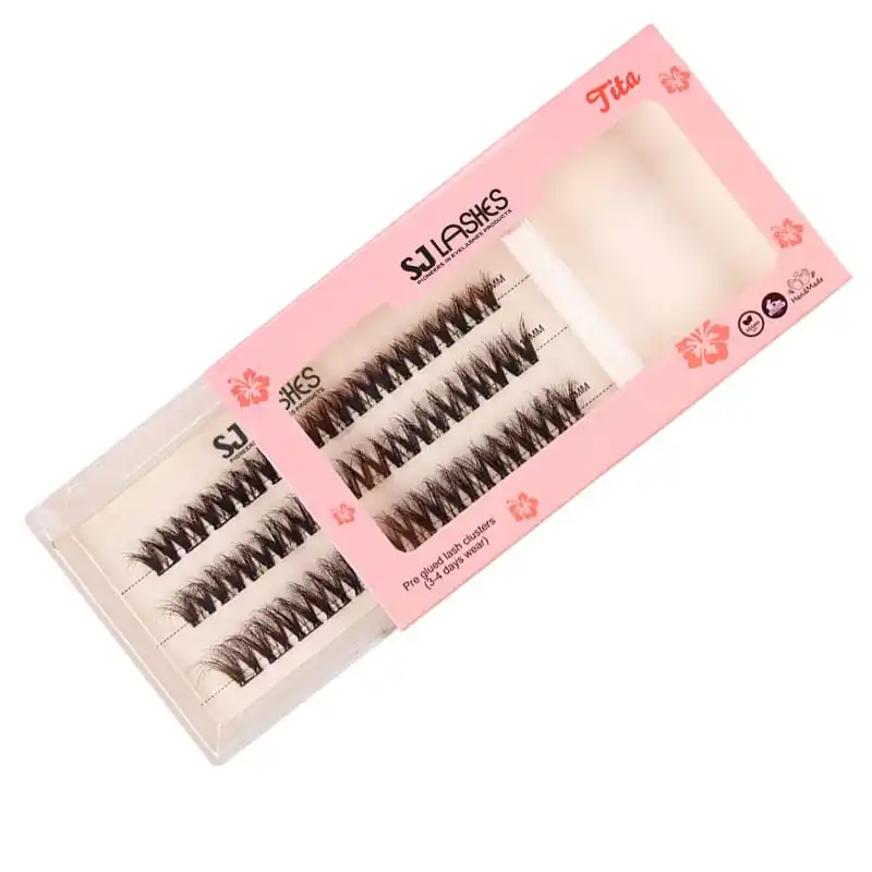 Pink lash sleeve with hibiscus print sliding over a white lash card showing size markings and the brand wordmark, close up of the sleeve action - card and sleeve lash packaging