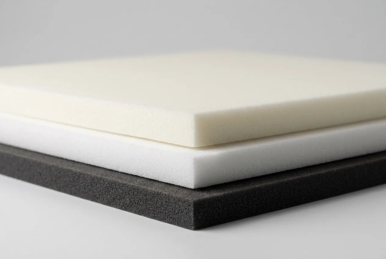 Layered EVA, PE and XPE closed-cell foam sheet samples showing clean cut edges