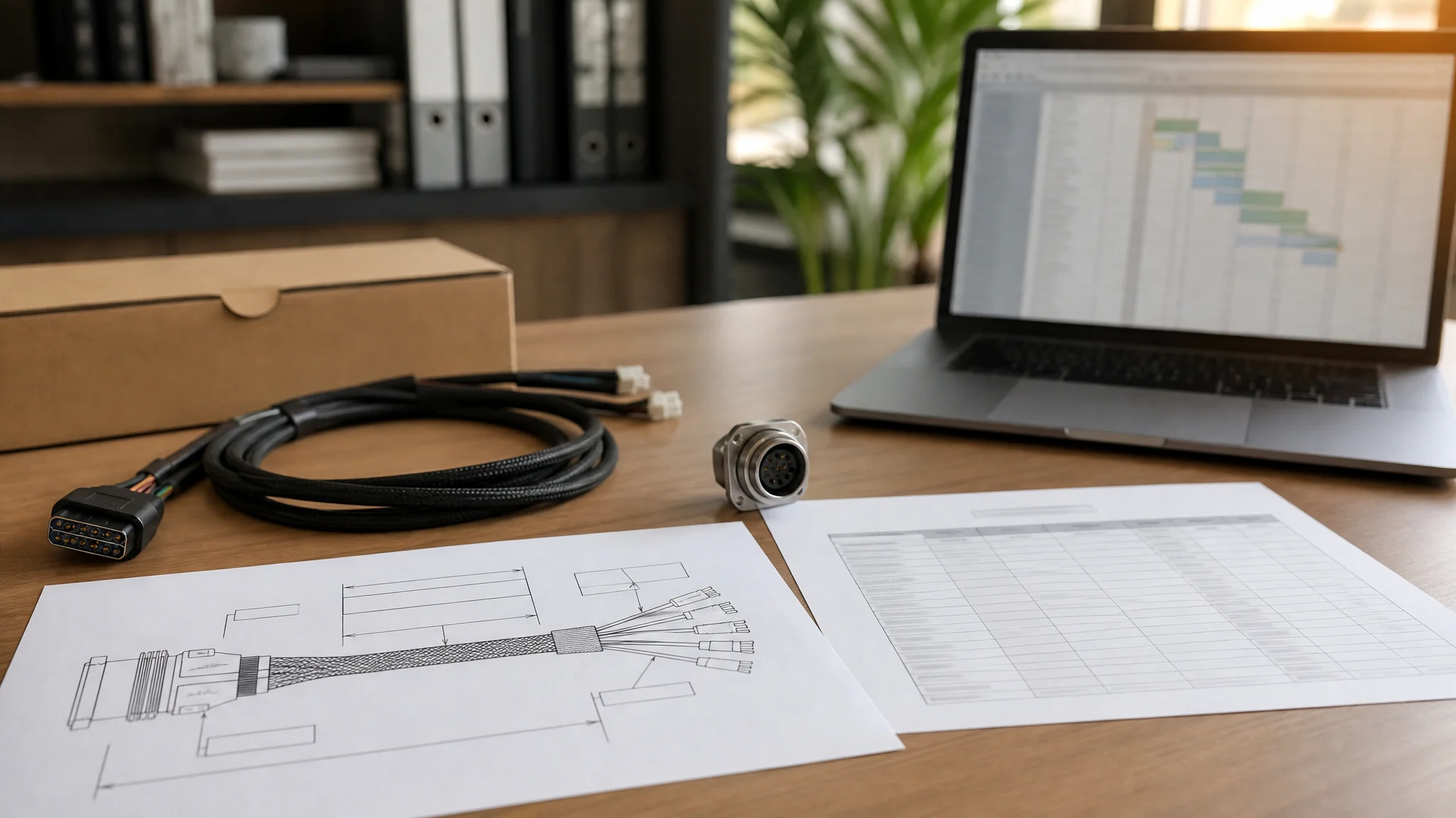 Custom cable quotation package with drawing, specification sheet and connector sample