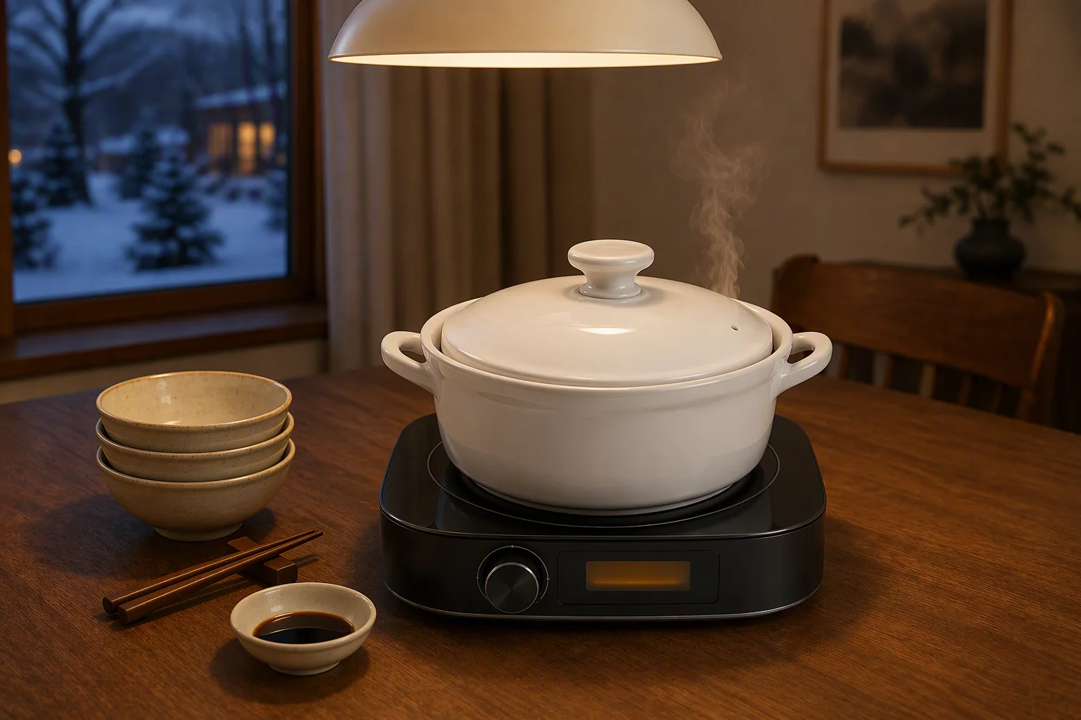 Induction hot pot steaming on a dining table under warm evening light