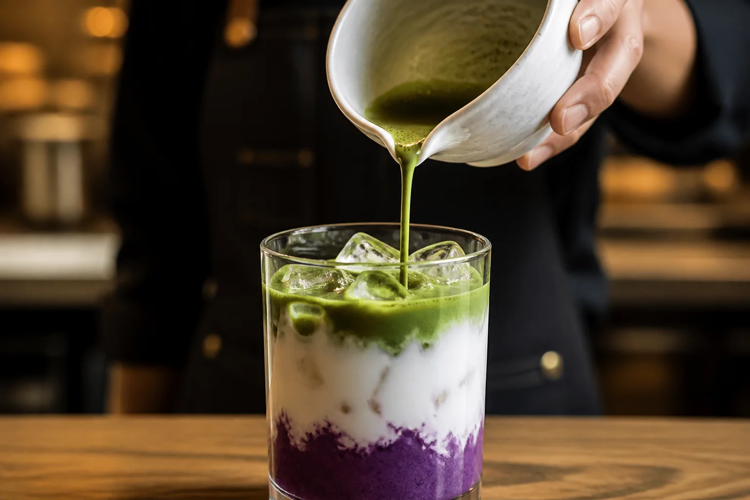 Barista pouring whisked green matcha from a spouted ceramic katakuchi bowl over iced purple ube milk