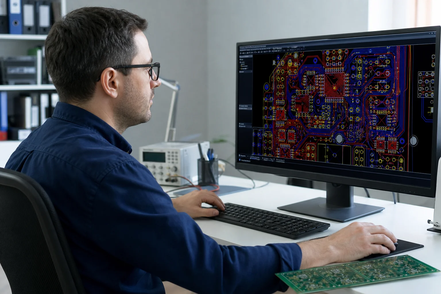 Engineer designing a PCB layout on a workstation
