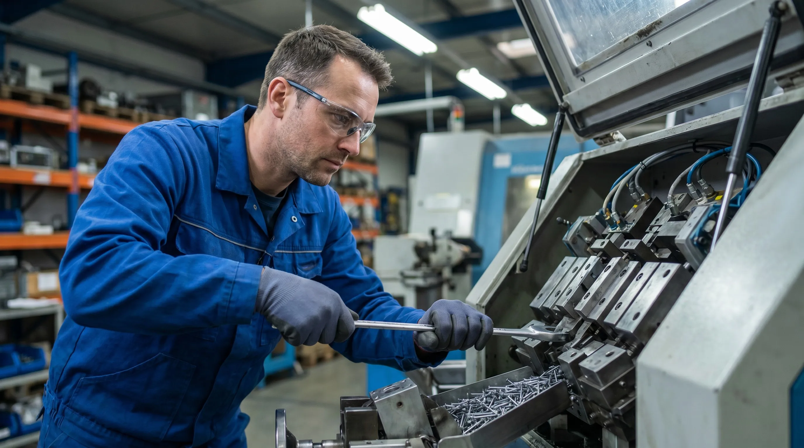 Técnico ajustando componentes de una máquina de fabricar clavos