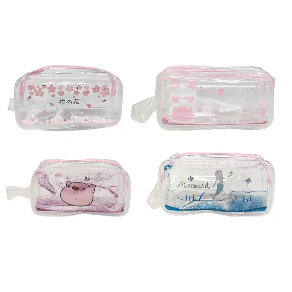 Clear PVC pencil pouches with sakura, bunny, pig and mermaid prints