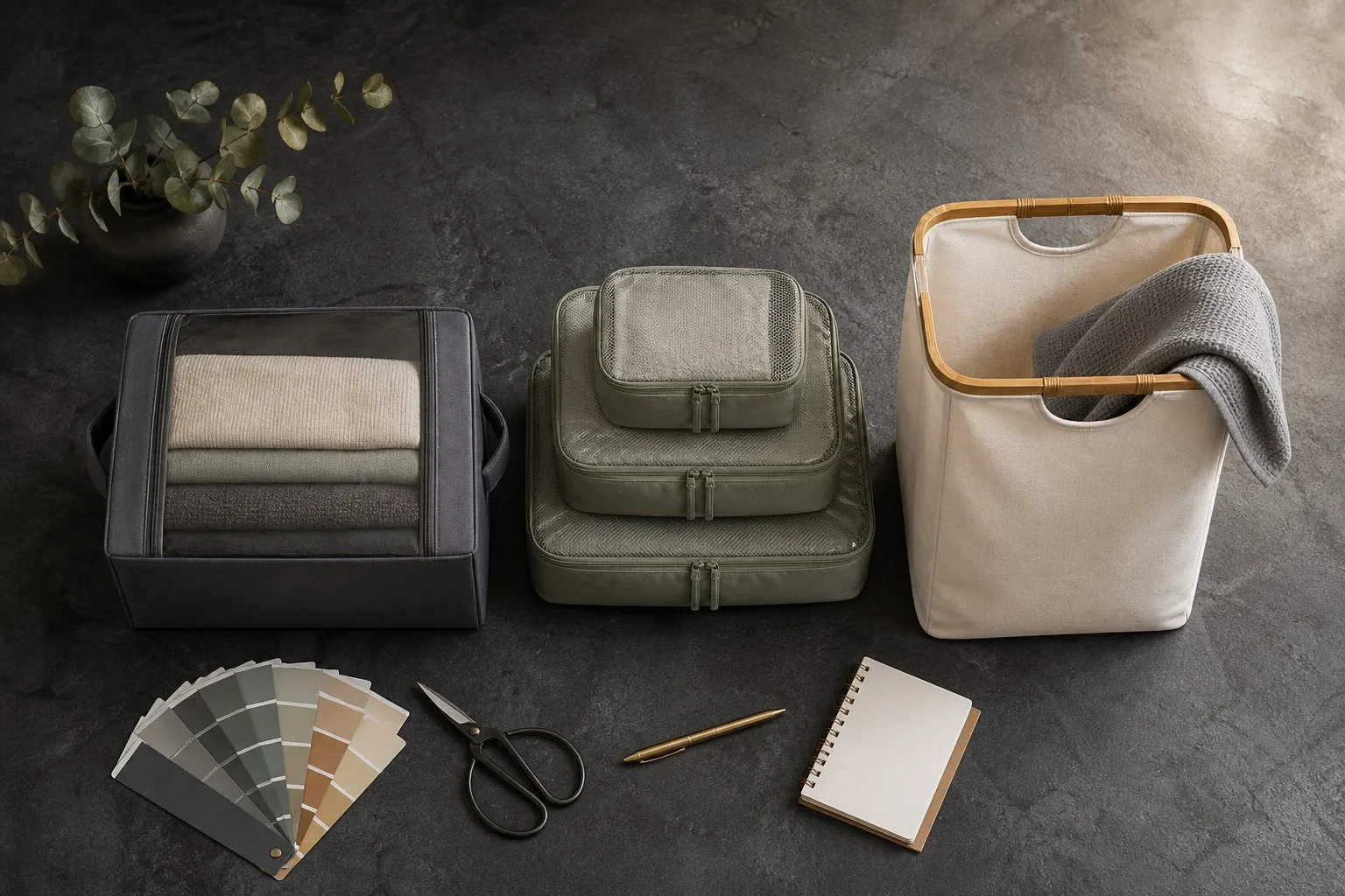 Three storage bag styles compared — storage bin with window, packing cube set, canvas laundry hamper