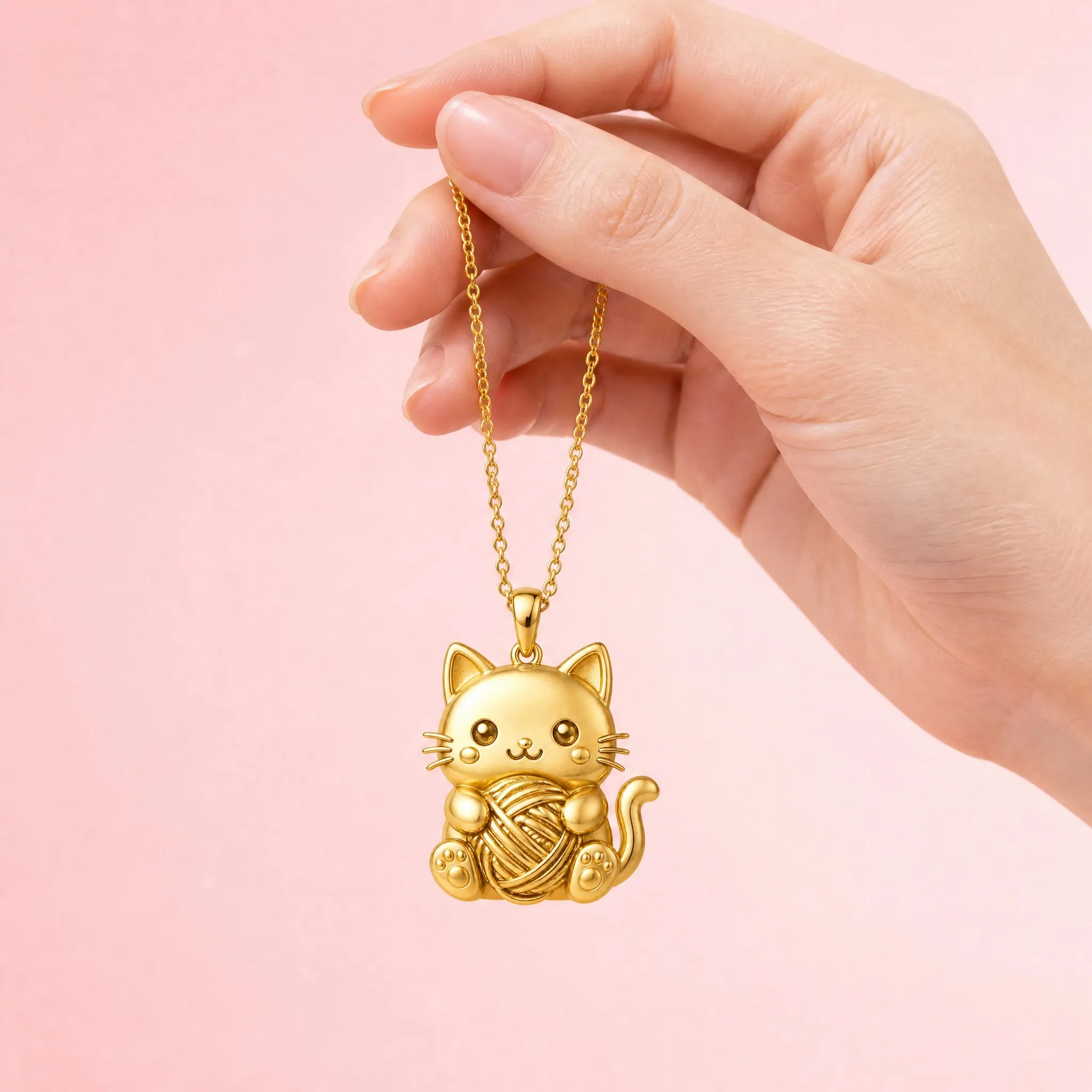 Hand holding the cat pendant necklace with pink background