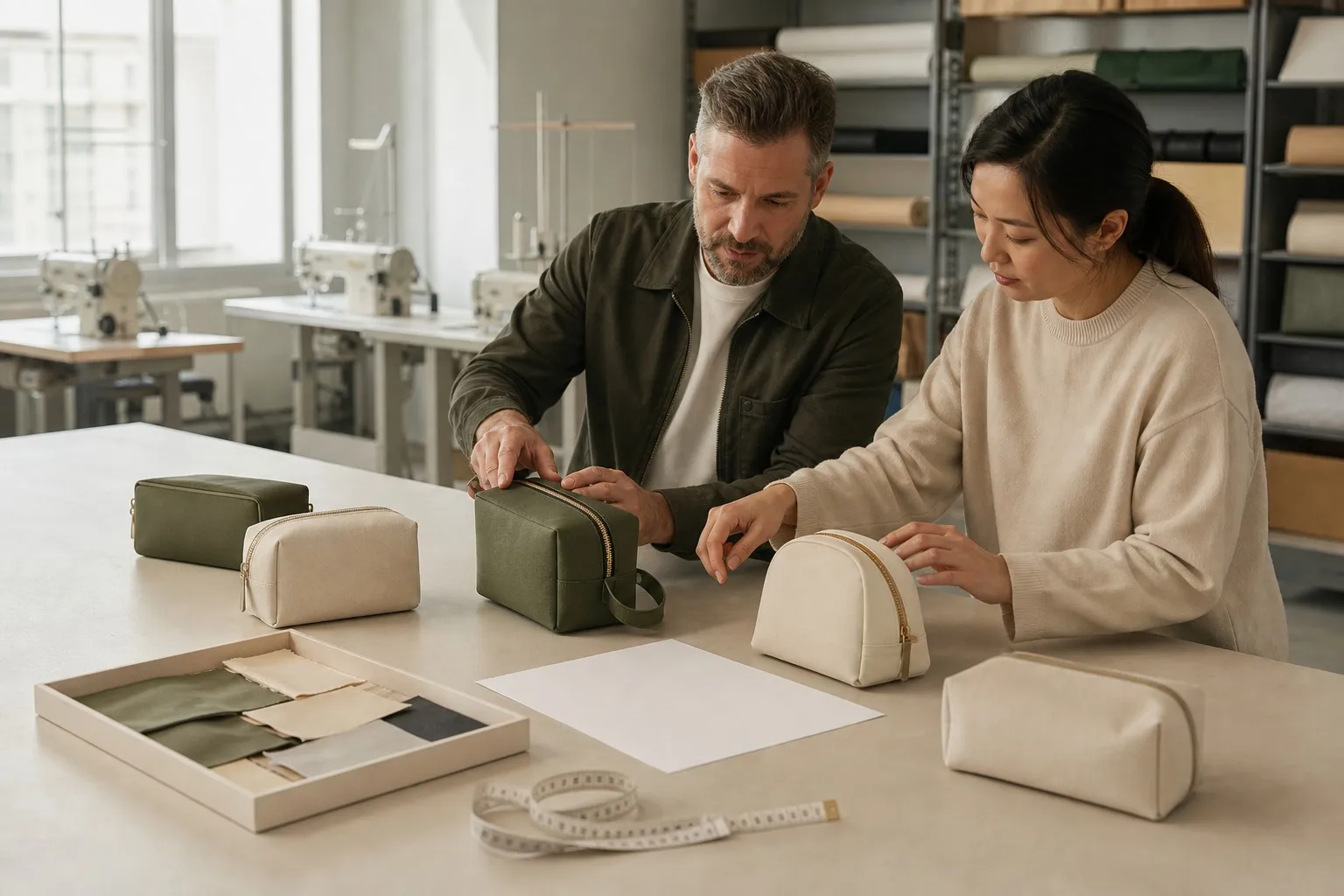 Buyer and product developer reviewing unbranded custom cosmetic bag prototypes at a factory development table