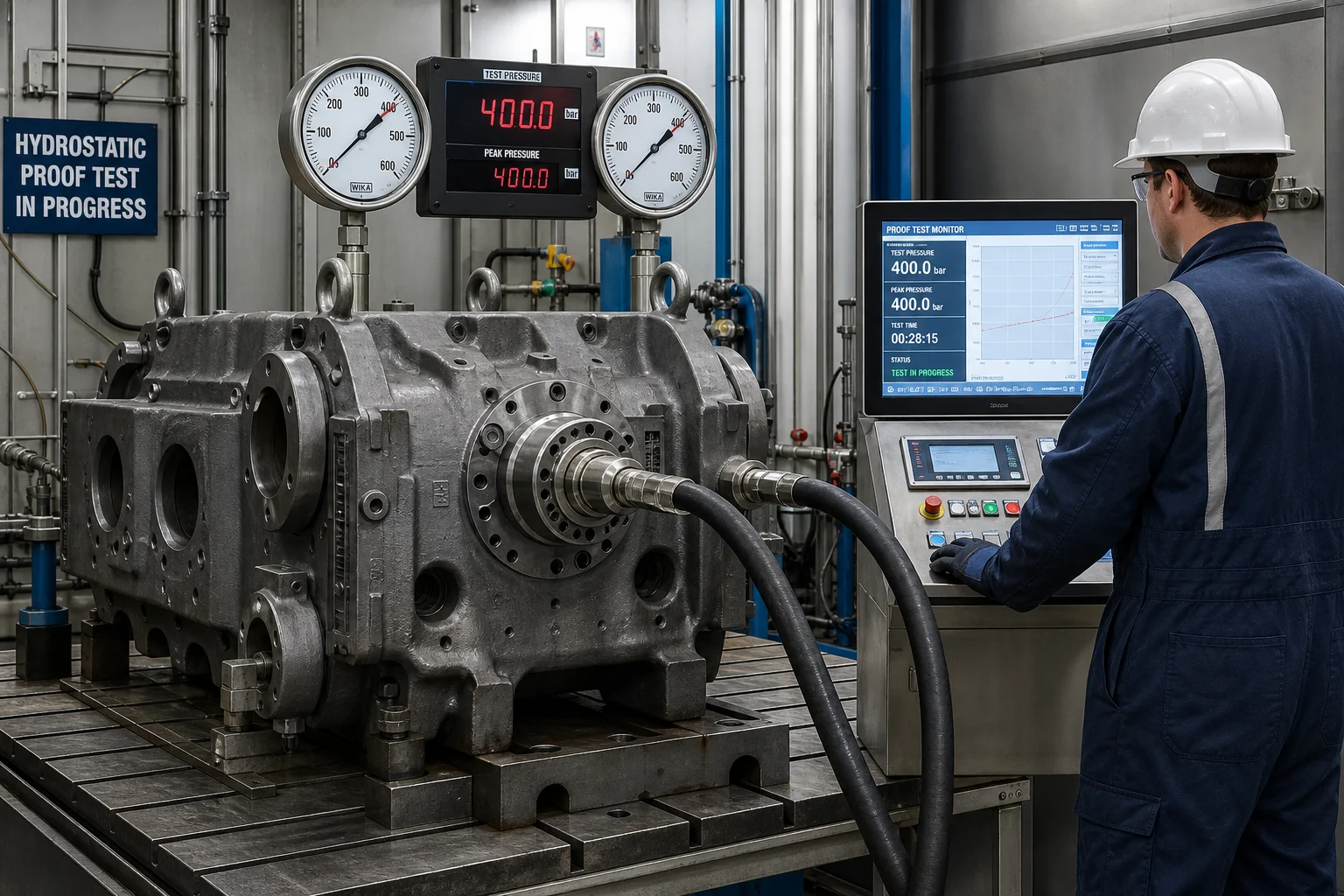 High-pressure hydrostatic proof pressure test of gas compressor cylinder block at 400 bar