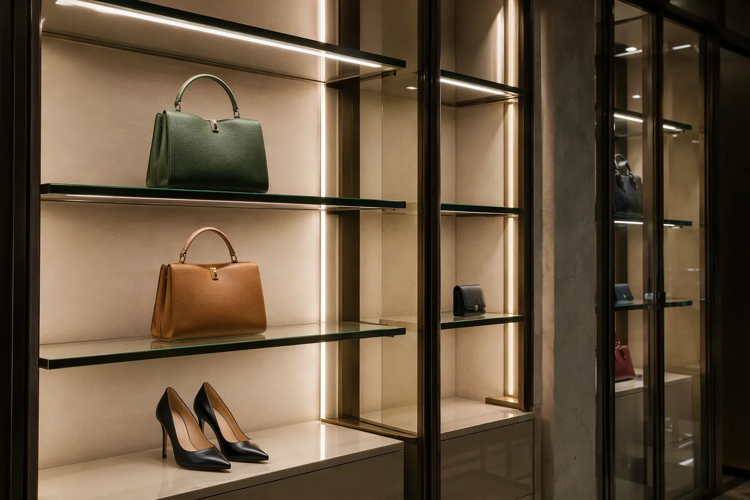 Retail display cabinet using custom-length cut-anywhere COB LED strips