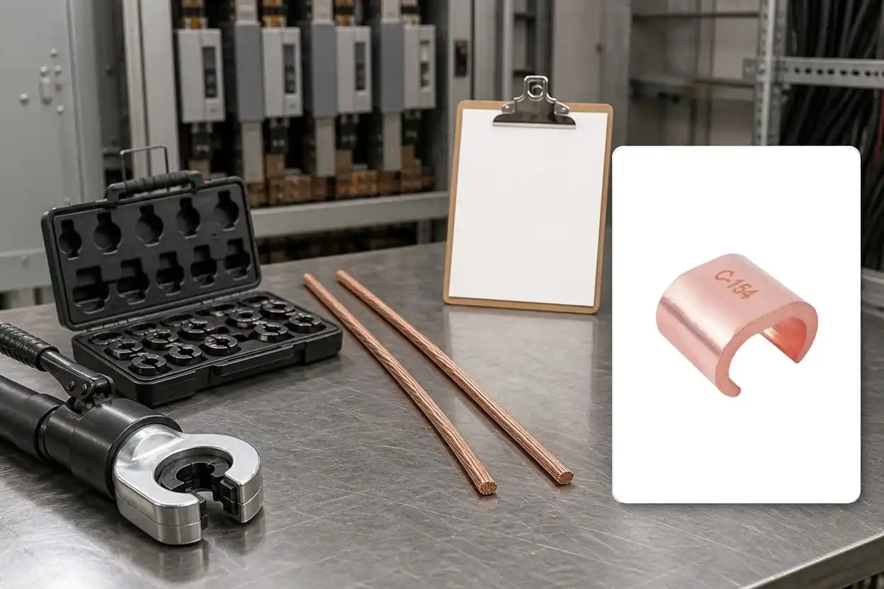 CCT C-type copper wire clamp shown with conductor preparation and compression tooling