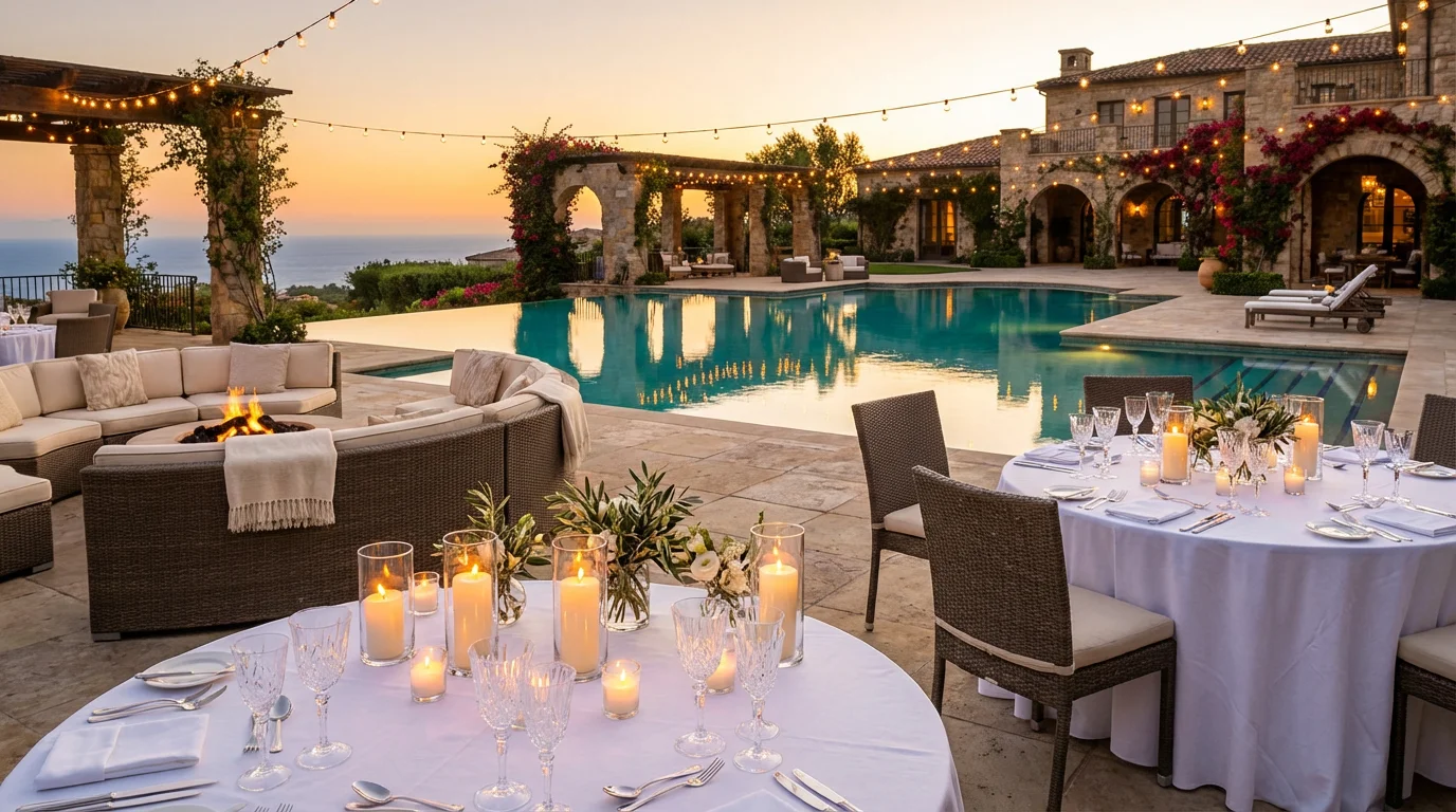 Luxury Mediterranean pool patio hosting