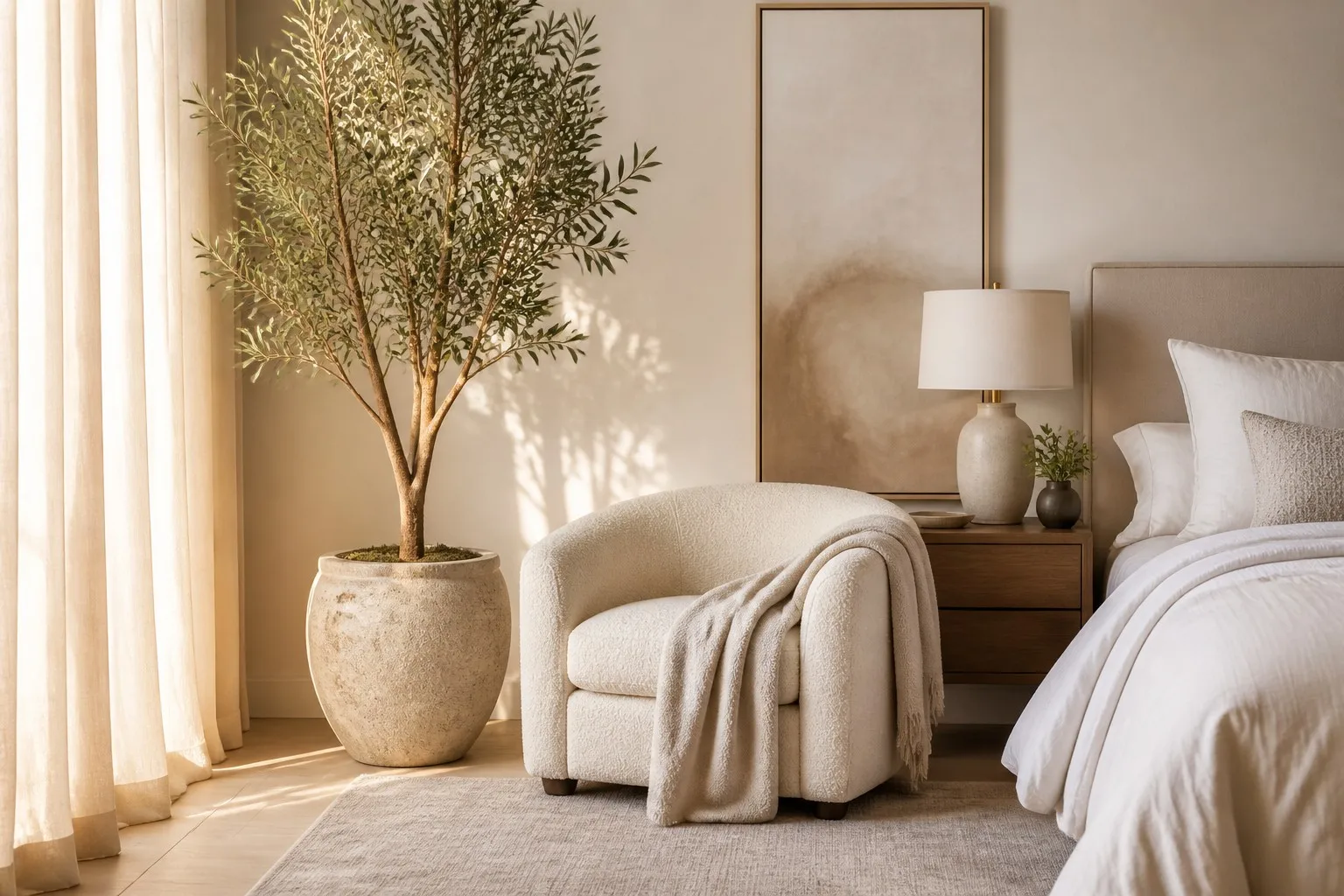 A master bedroom corner styled with a tall 7-foot premium artificial olive tree in a large stone pot