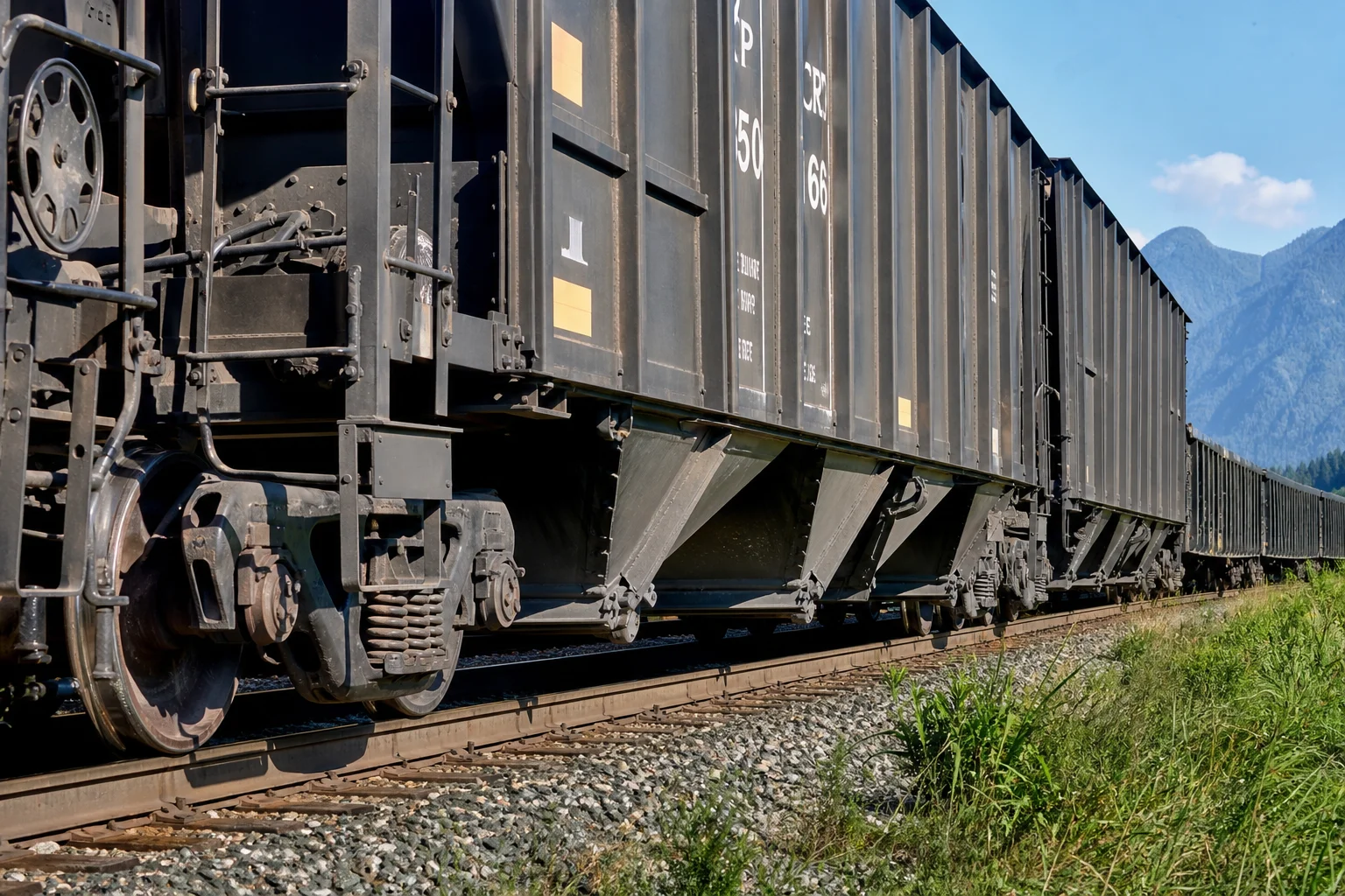 Heavy freight locomotive hauling train on tracks with cast steel bogie trucks and couplers