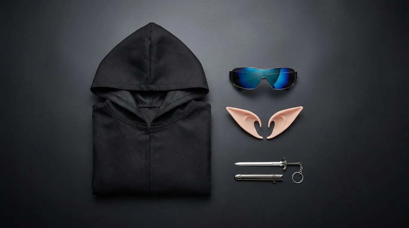 Anime cosplay accessories flat lay — sunglasses, cloak, elf ears and sword keychain for conventions