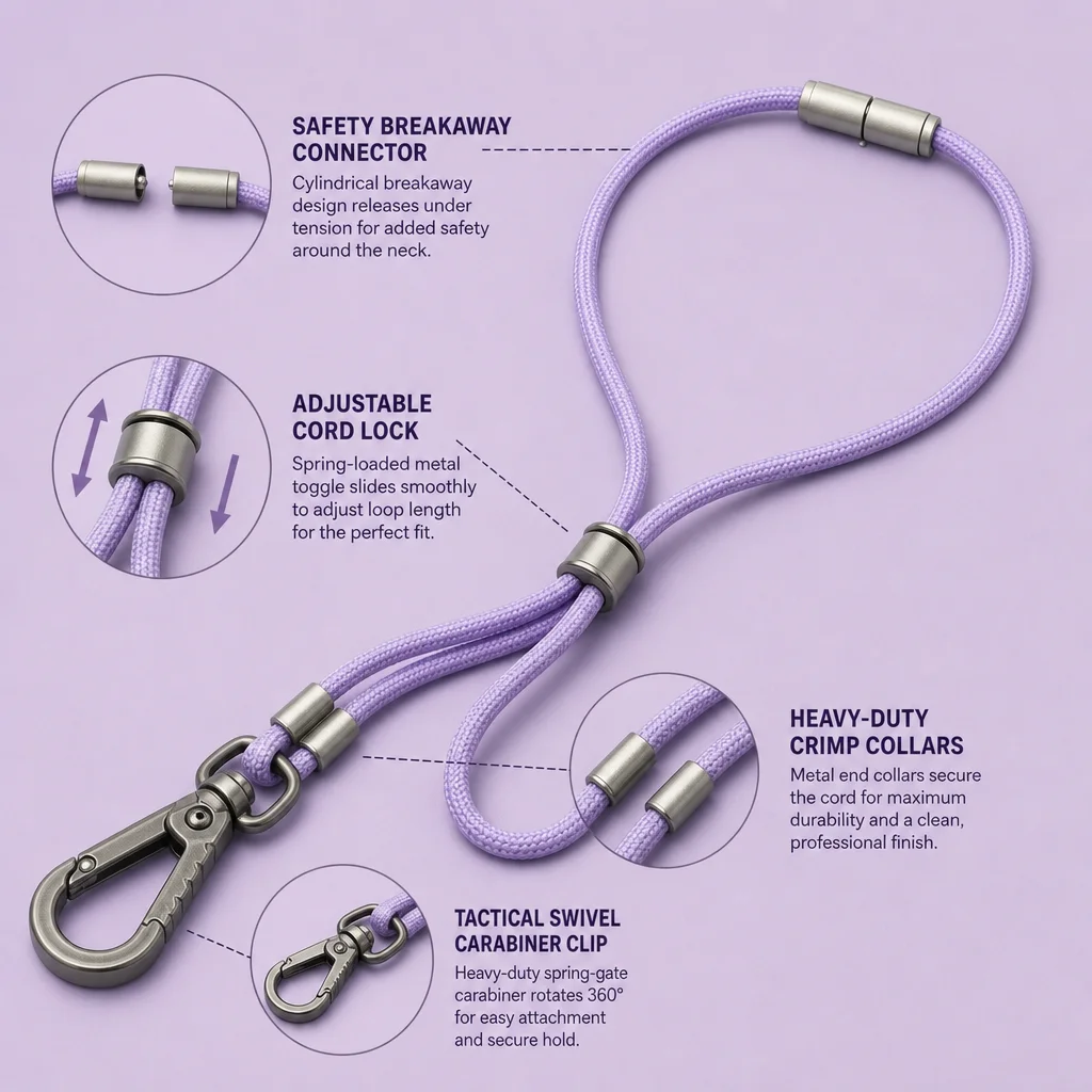 Tactical Braided Round Cord Lanyard Anatomy Breakdown & Hardware Details