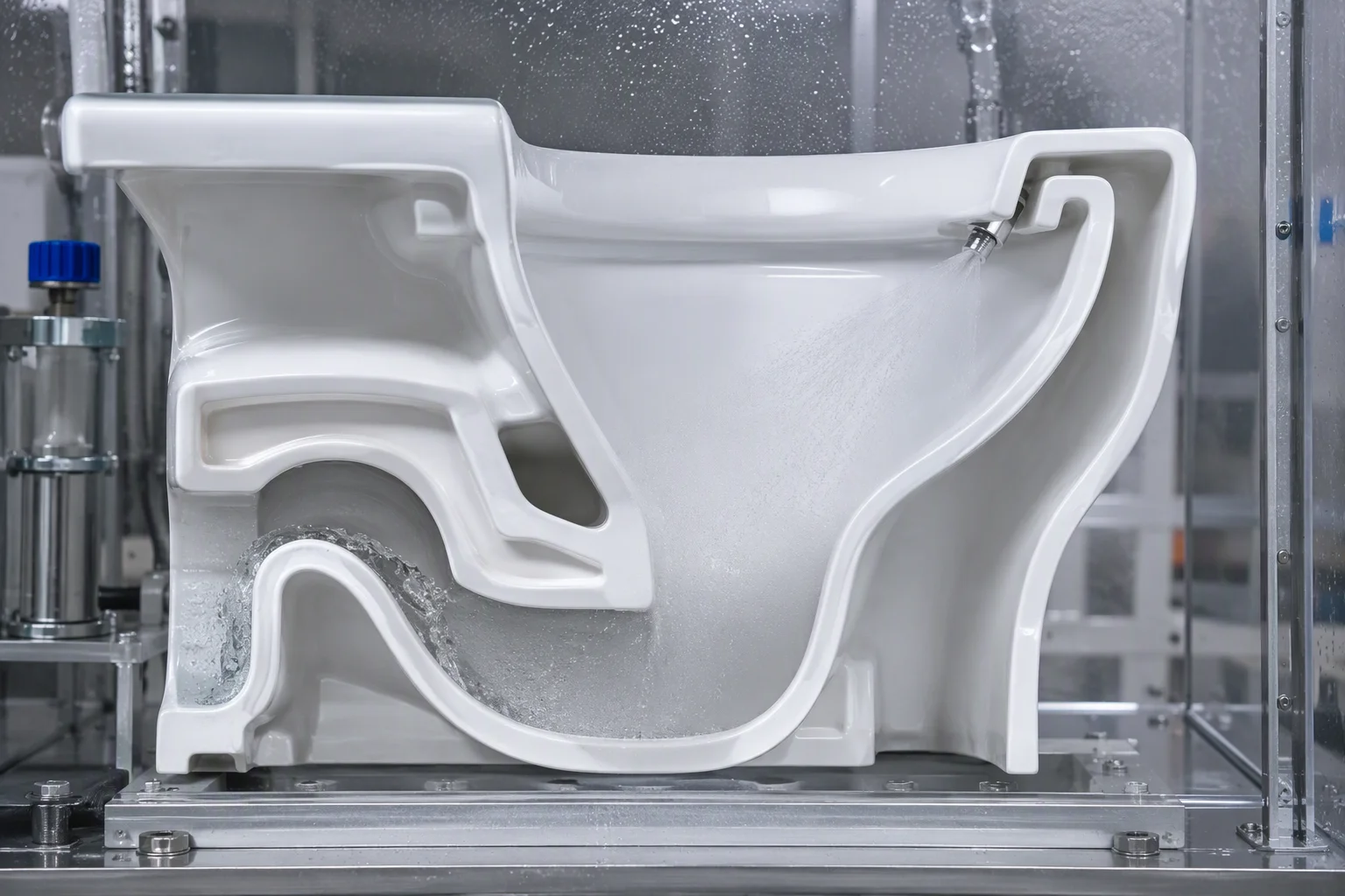Figure 2: Fully Glazed Siphon Trapway Cross-Section & Precision Water Guide Channel Architecture.