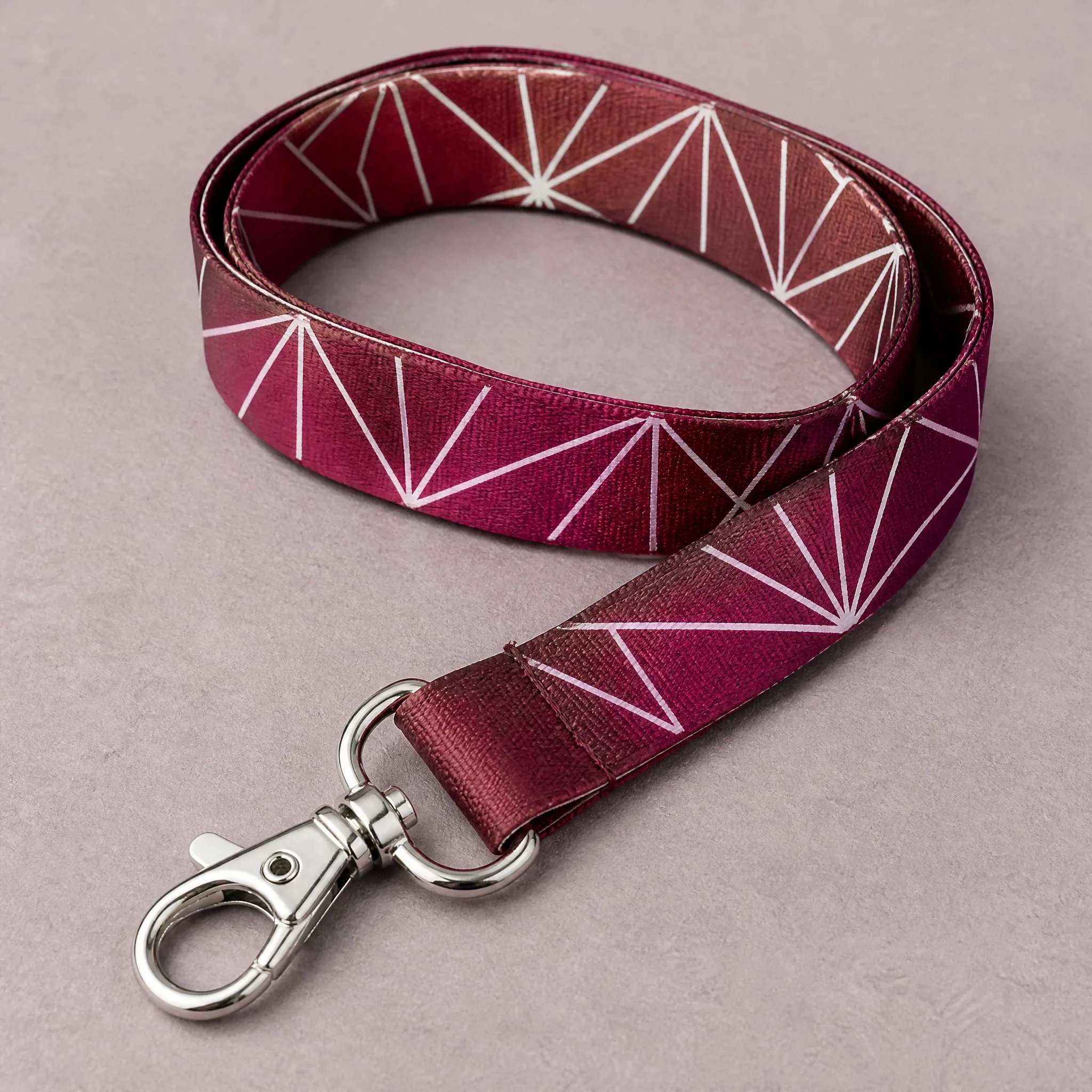 Neat loop of lanyard showing silver lobster claw clip and D-ring hardware structure