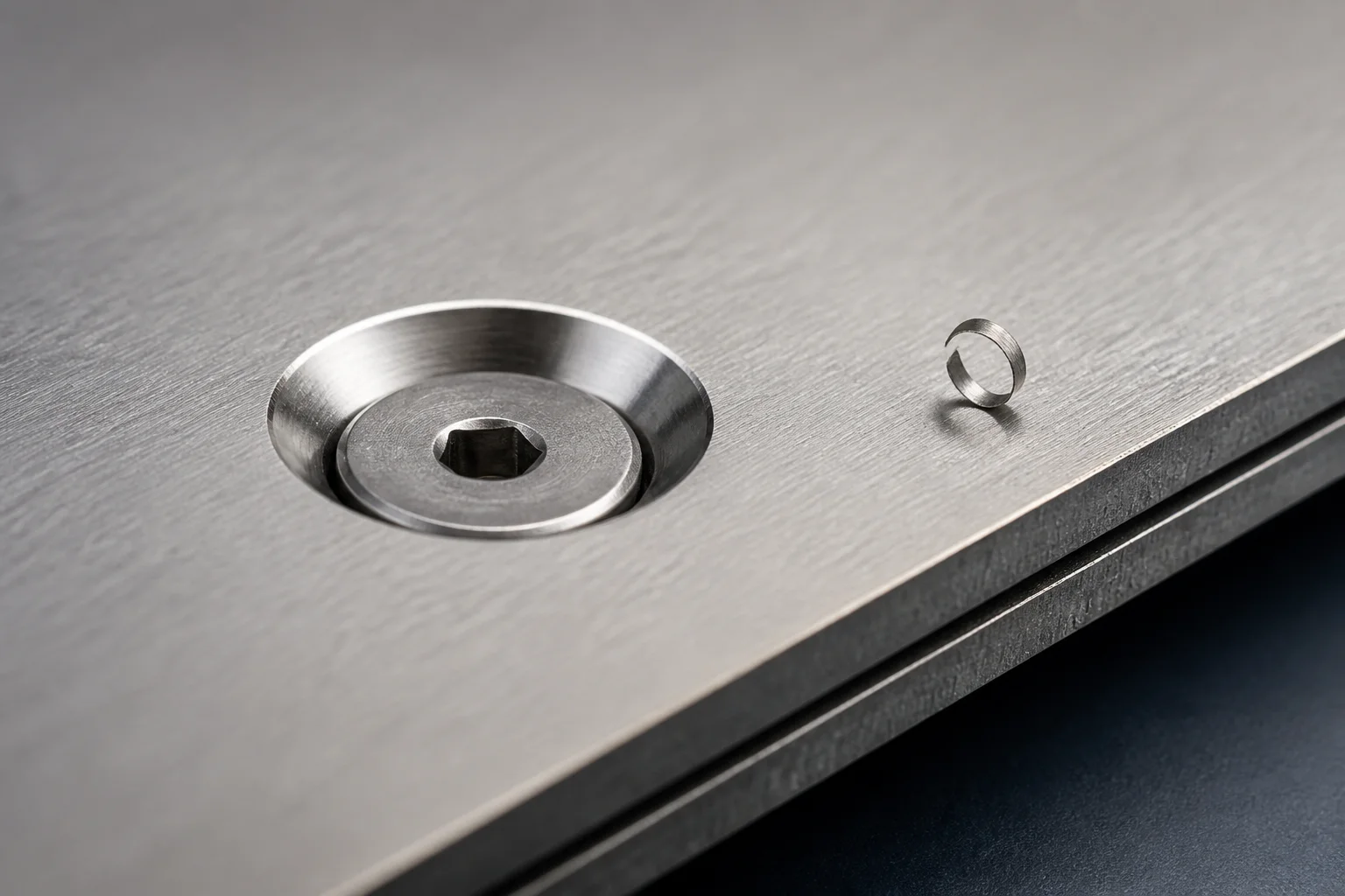 Macro view of a countersunk hole through a clamped metal stack with a flush fastener head