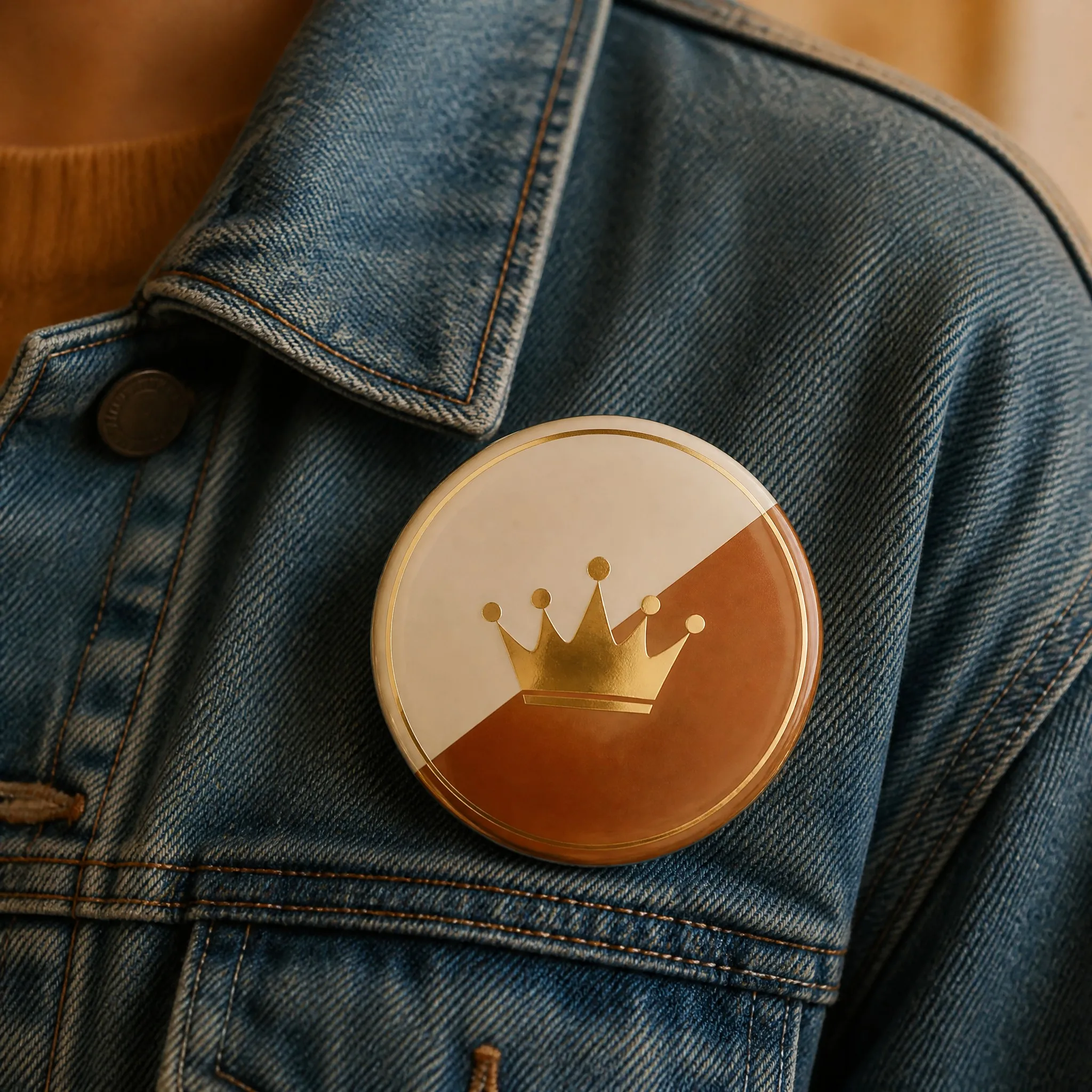 Gold foil pin back button badge worn on denim jacket