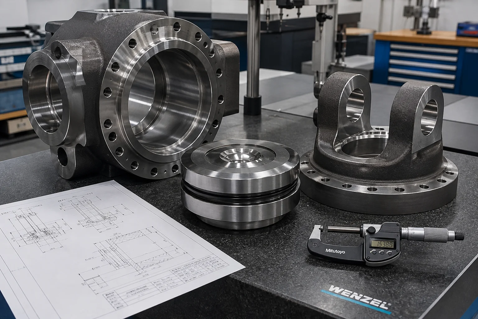 Heavy cast steel hydraulic cylinder head, piston cap, and bottom clevis castings on inspection bench