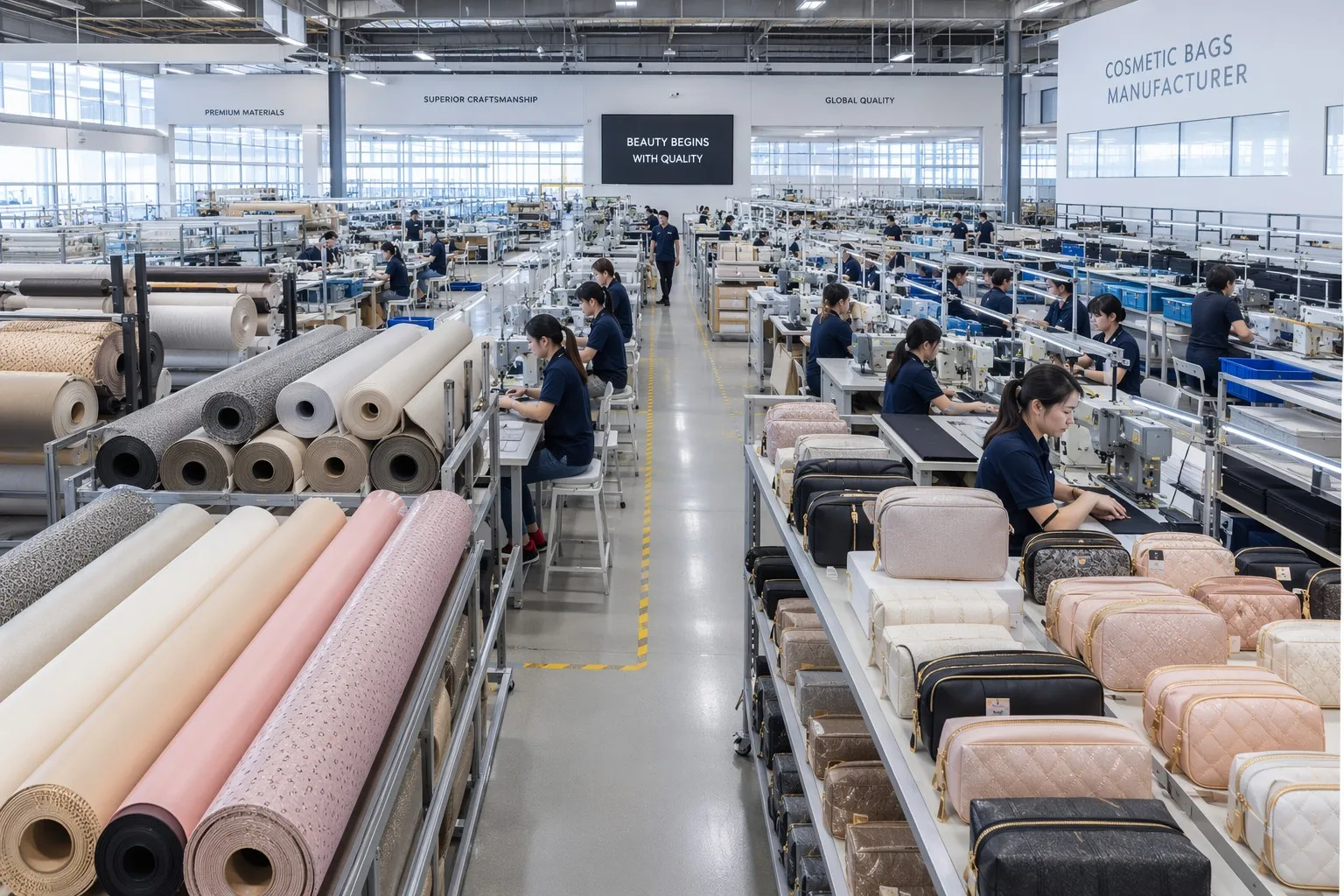 Wide panorama of a professional organized cosmetic bag factory floor with fabric rolls and production lines