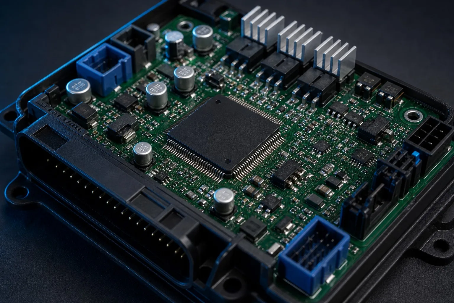 Custom application PCBA control module with MCU, relays, power section and connectors