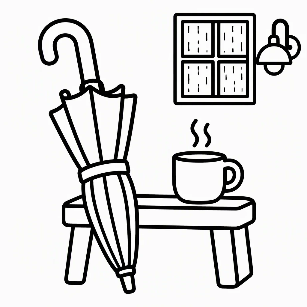 Bold and easy coloring page of a large umbrella leaning on a bench next to a steaming mug, with a small rain window and lamp in the corner