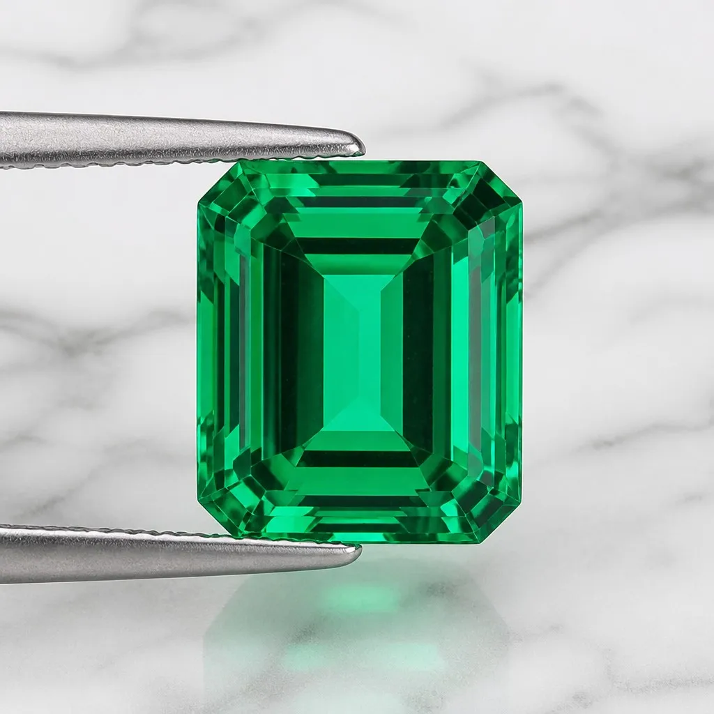 Macro view of a vivid green octagon-cut lab-grown emerald