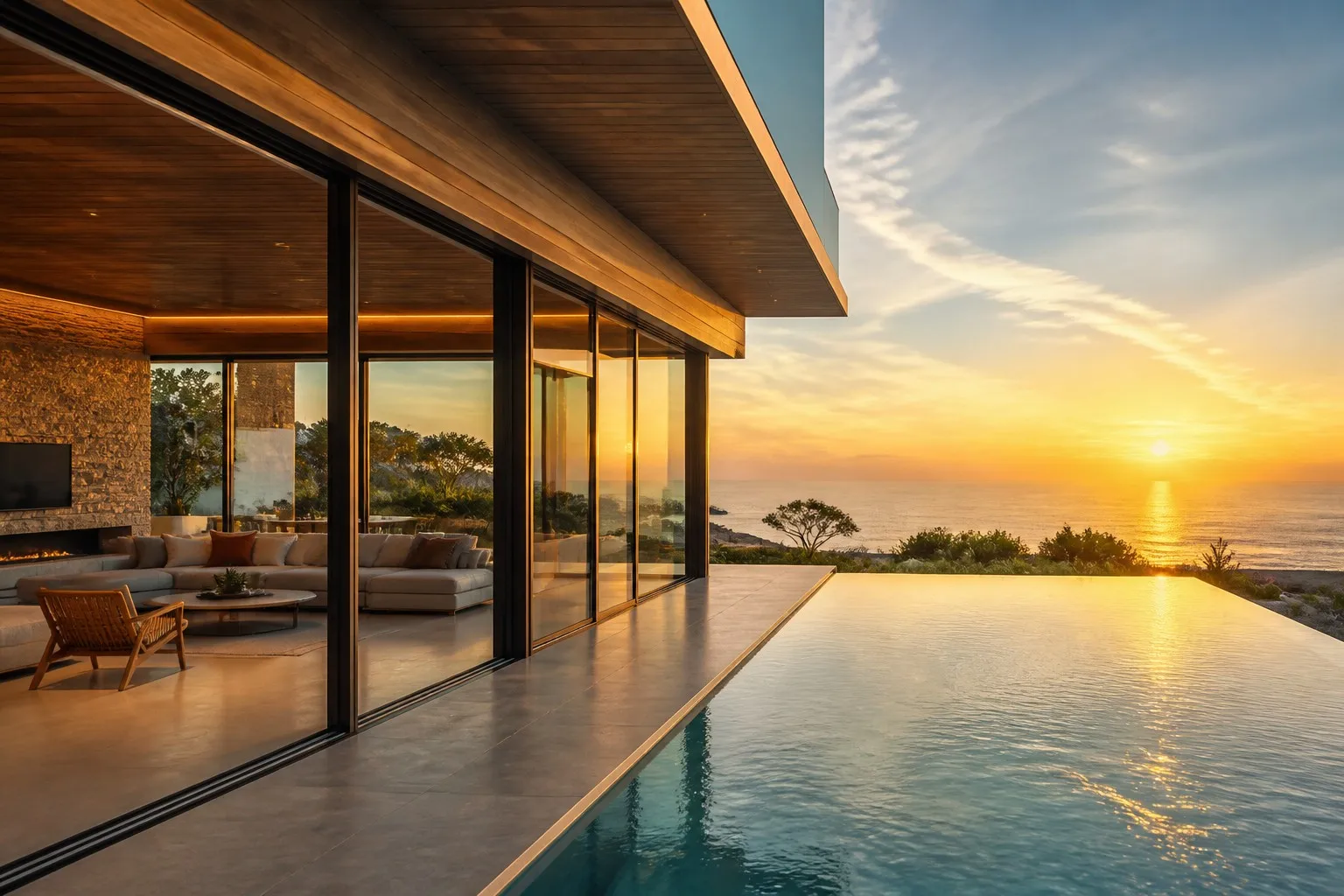 Waterfront villa with floor-to-ceiling aluminum sliding windows infinity pool ocean sunset